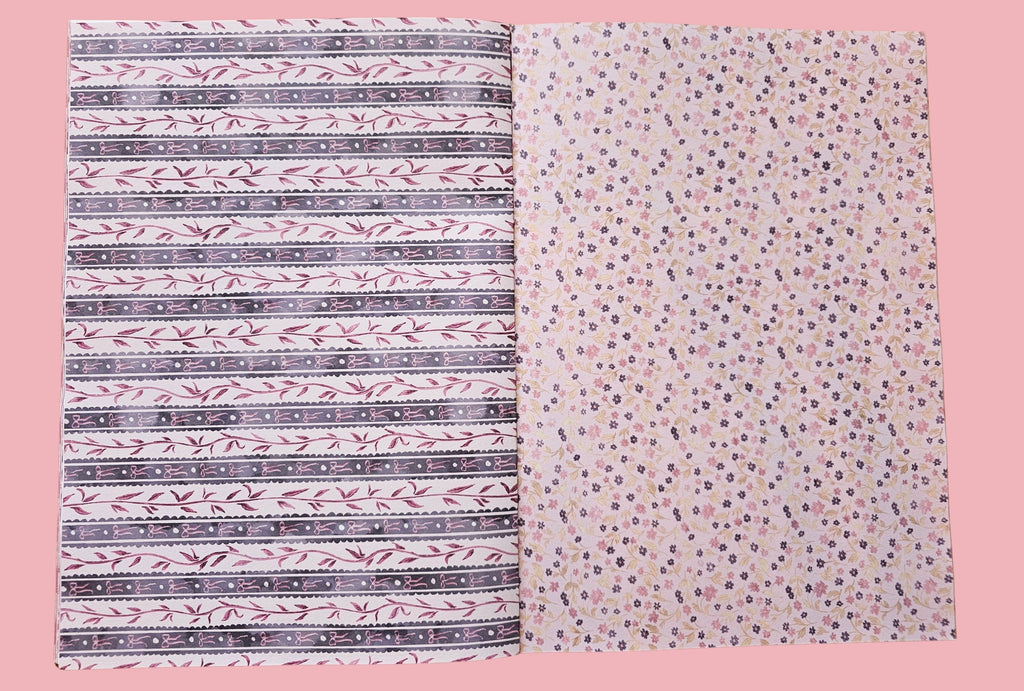 Two patterned papers with stripes and ribbons and flowers