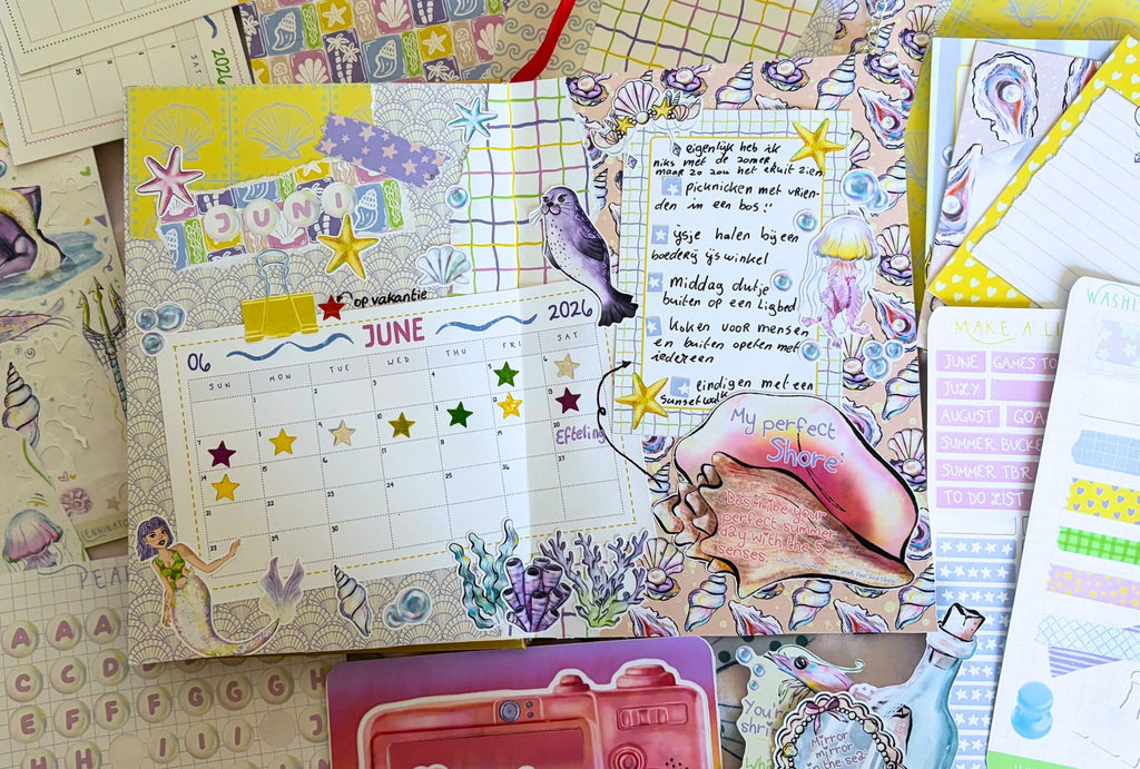 Colorful planner with various designs and text on a textured surface