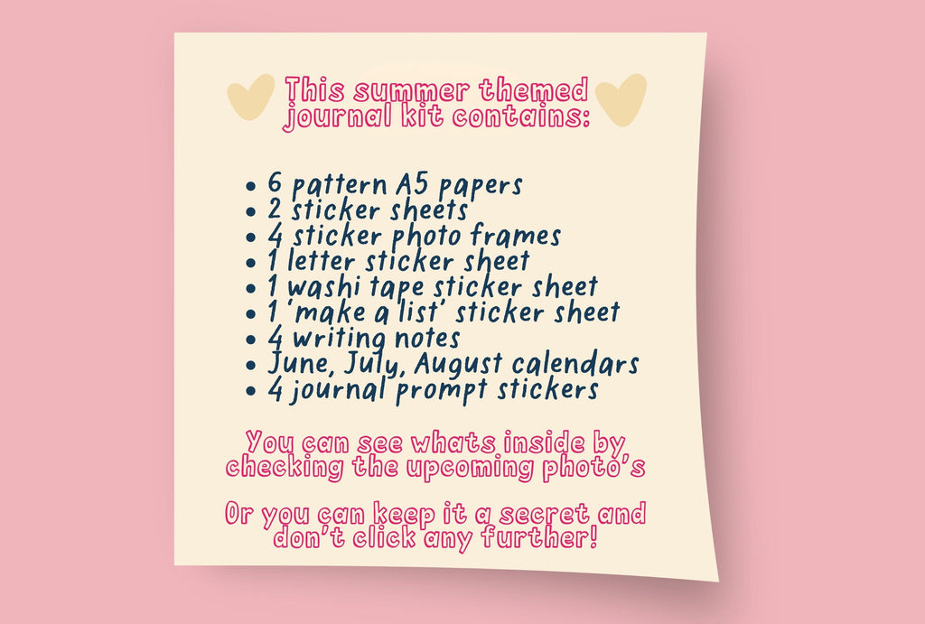 Product description card for a summer-themed journal kit on a pink background