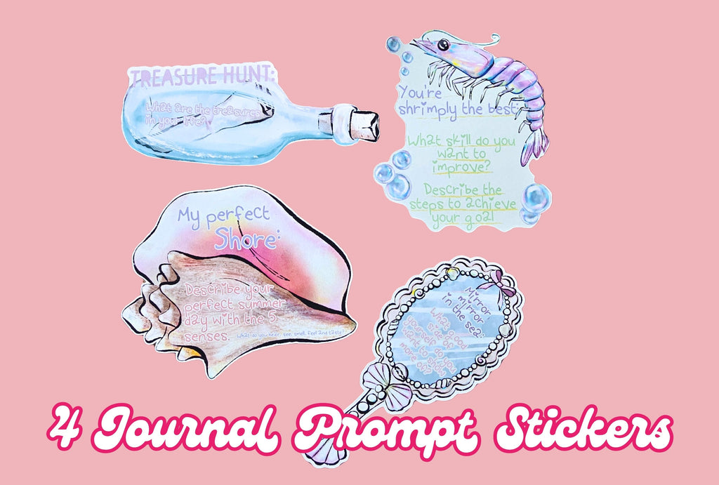 Four journal prompt stickers with ocean-themed designs on a pink background.