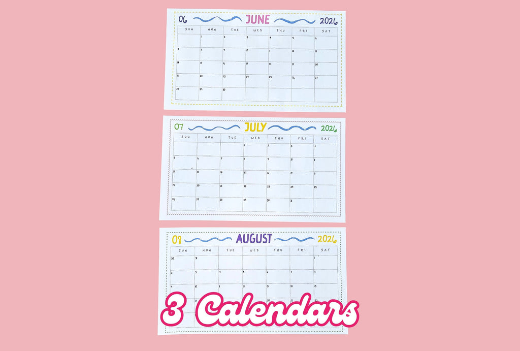 Three calendar pages for June, July, and August 2026 on a pink background.
