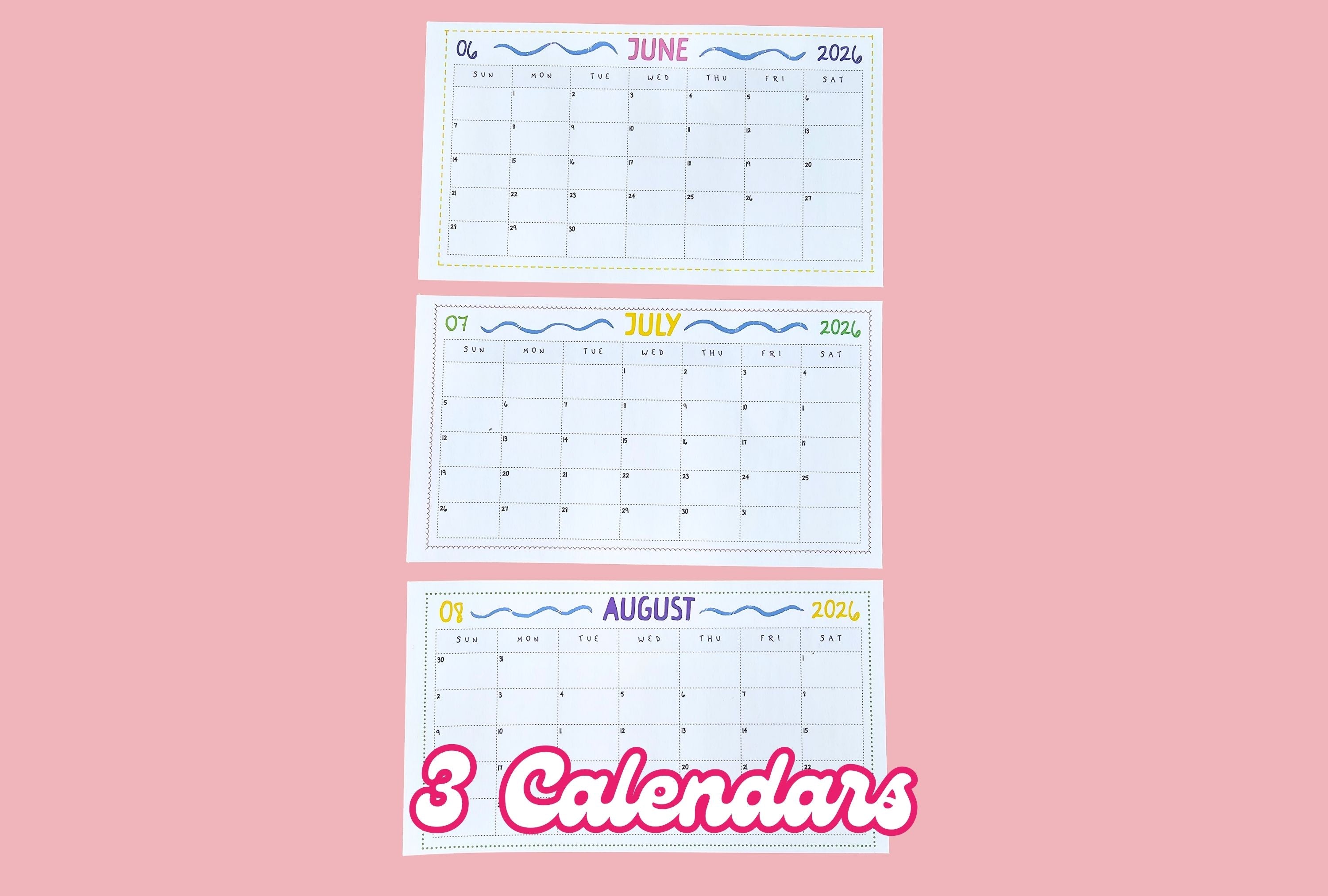 Three calendar pages for June, July, and August 2026 on a pink background.