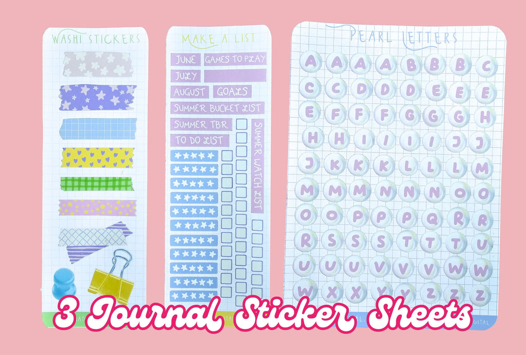 Three journal sticker sheets with different designs on a pink background