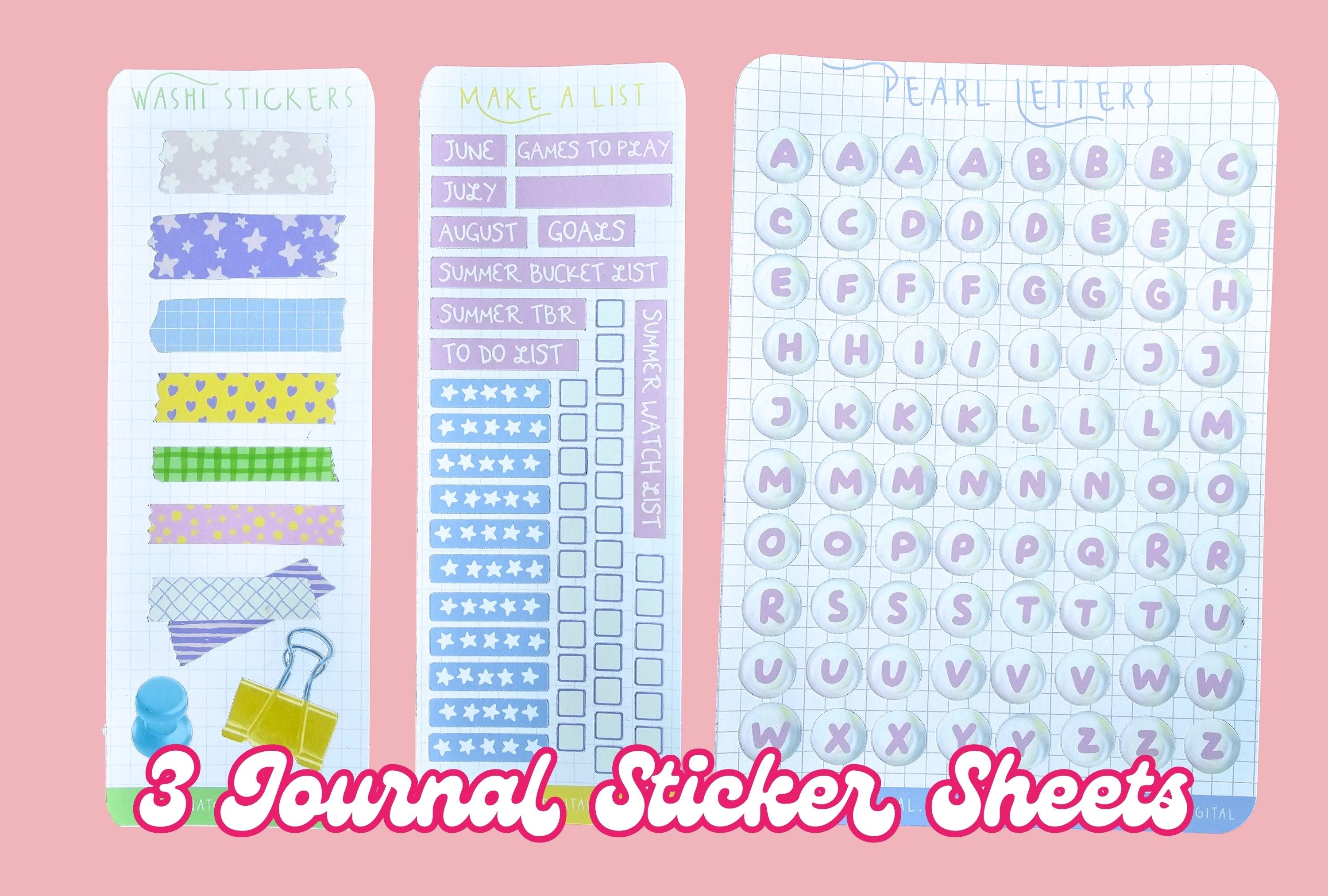 Three journal sticker sheets with different designs on a pink background