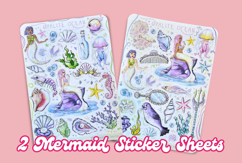 Two mermaid-themed sticker sheets on a pink background with text '2 Mermaid Sticker Sheets'.