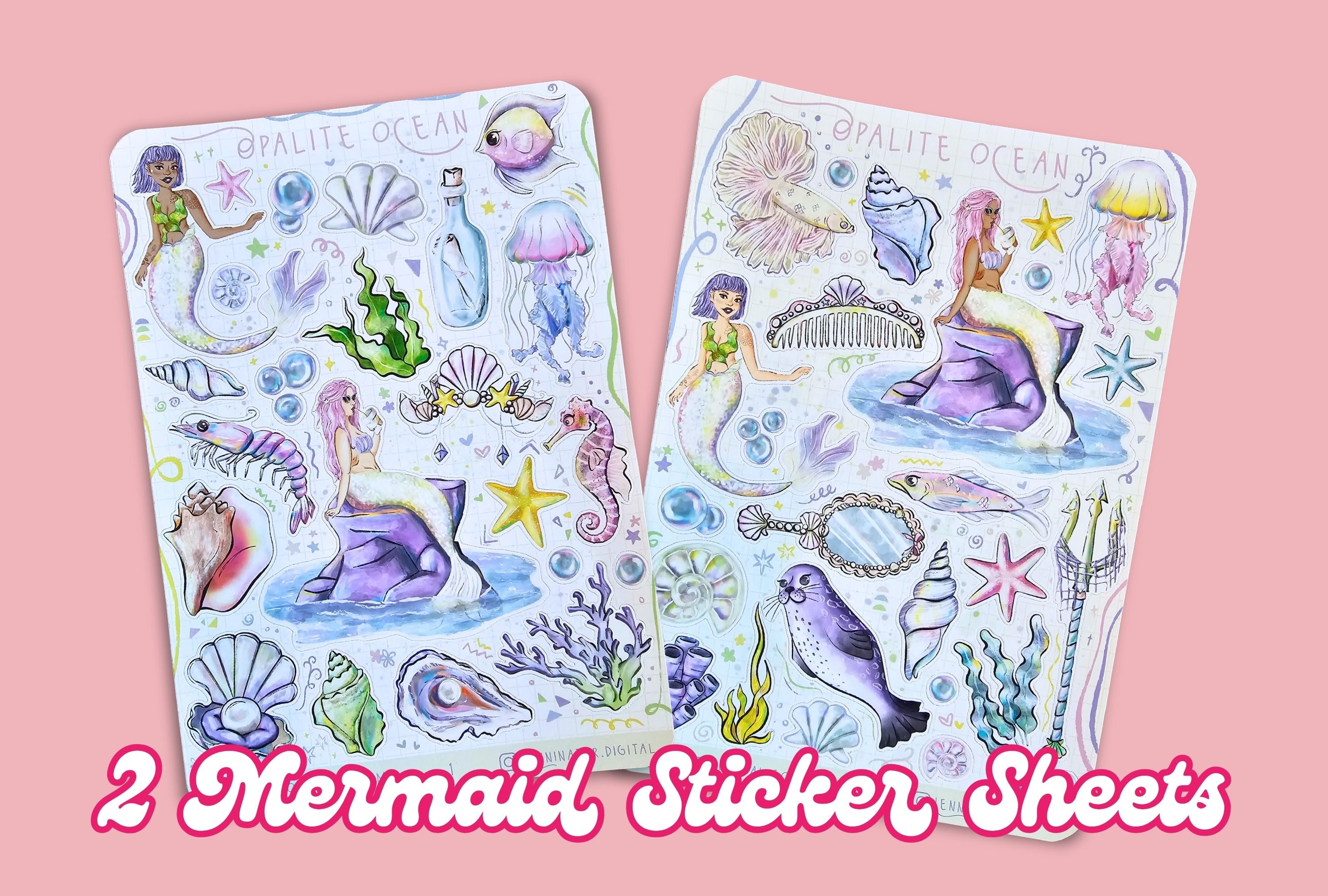 Two mermaid-themed sticker sheets on a pink background with text '2 Mermaid Sticker Sheets'.