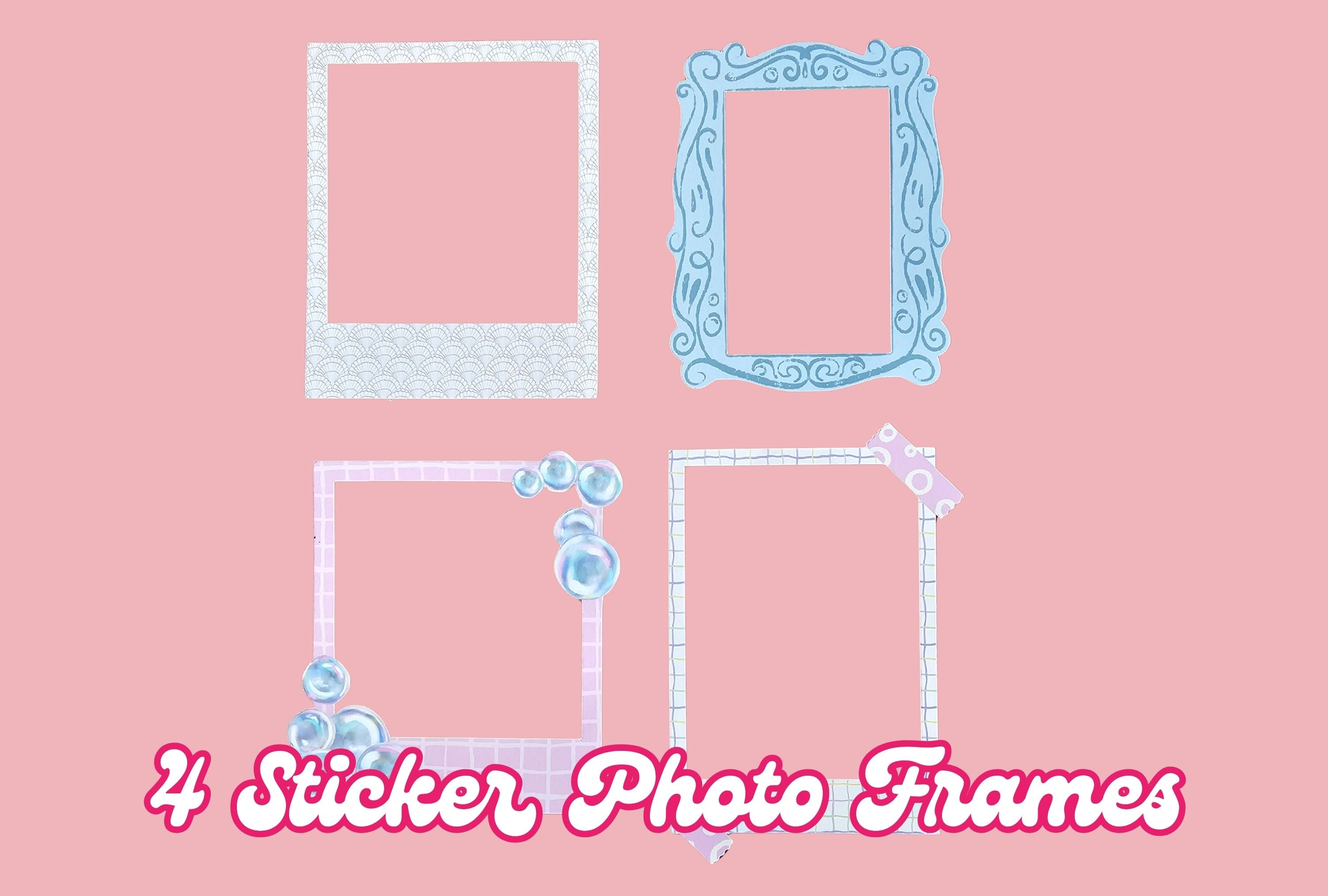 Four decorative sticker photo frames on a pink background with text '4 Sticker Photo Frames'.