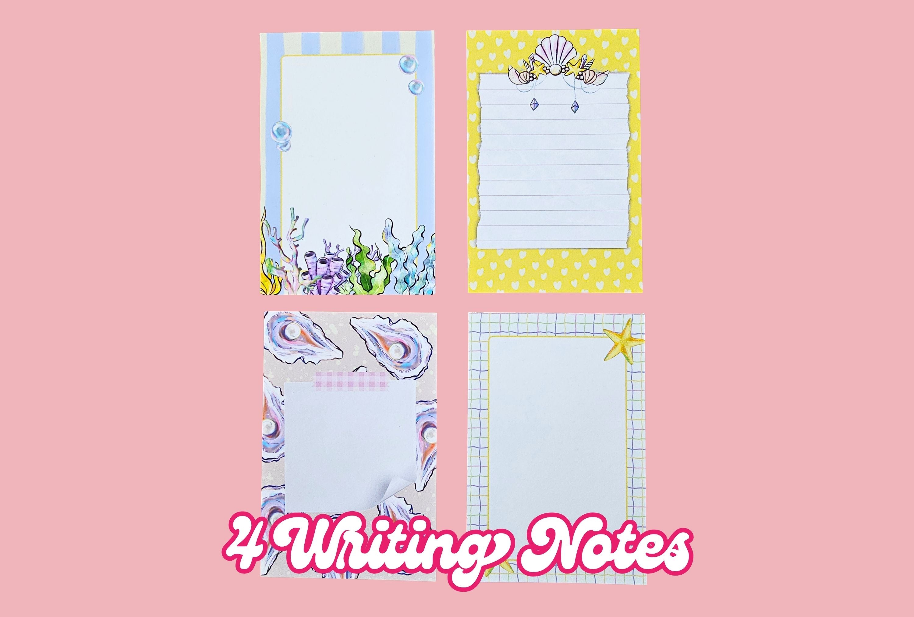 Four colorful writing notes with different designs on a pink background