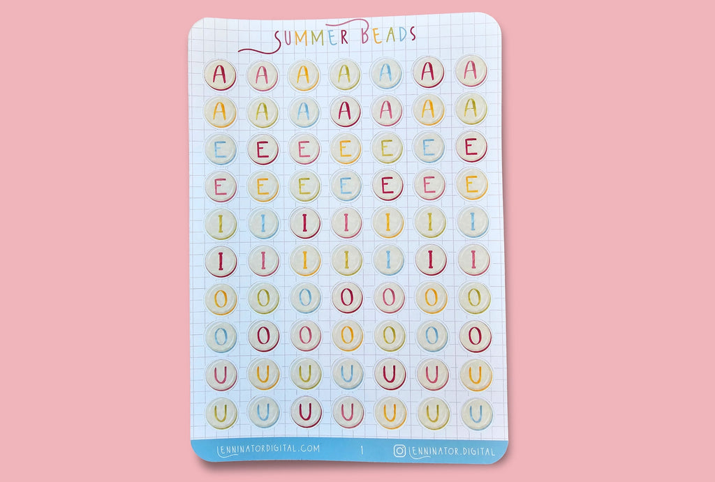 A sticker sheet containing letter beads with the vowles, a, e, i, o, u.