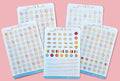 Set of five sticker sheets containing letters, numbers and beads with various designs on a pink background. In bright summer colors