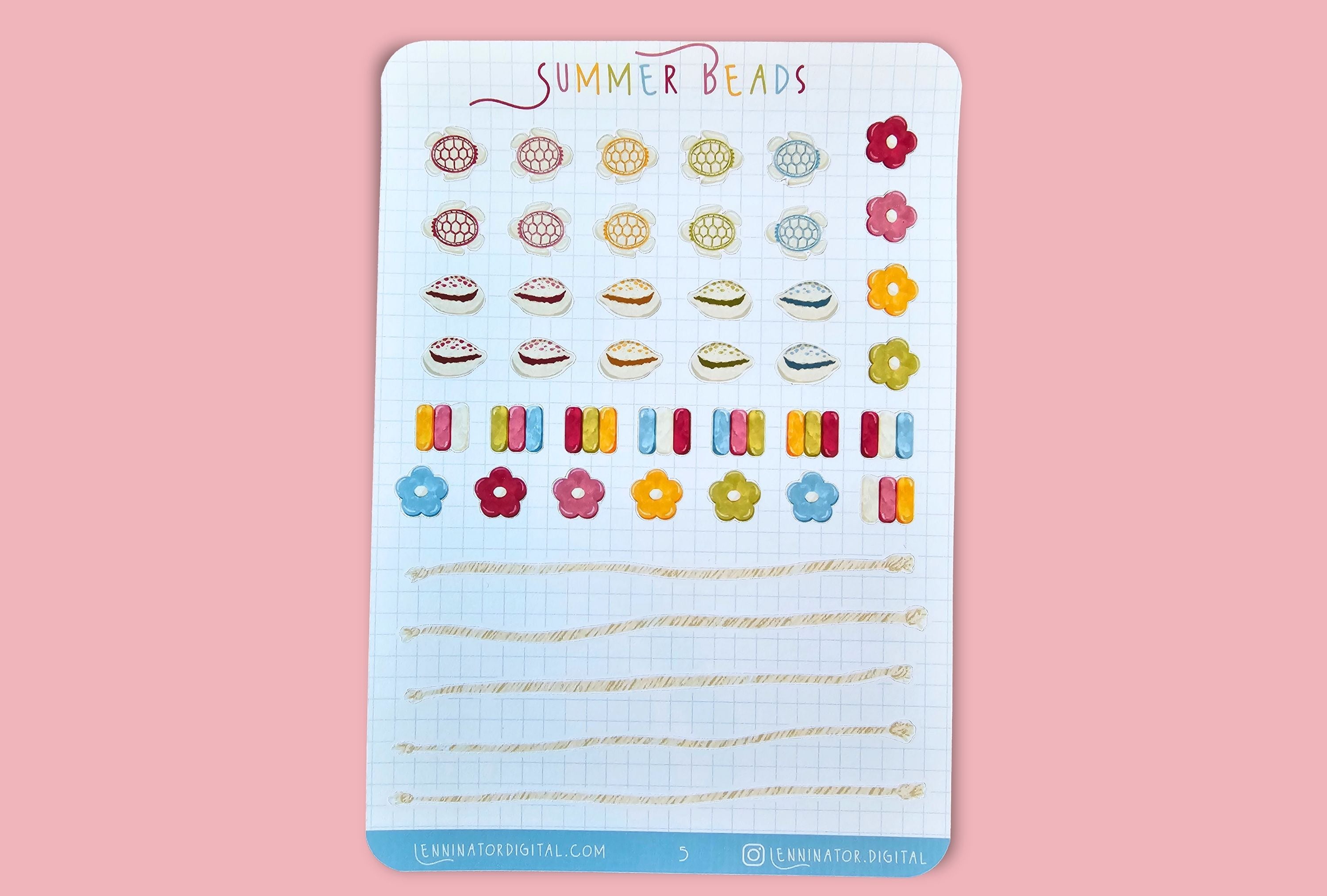 Sheet of decorative beads with 'Summer Beads' text on a pink background
