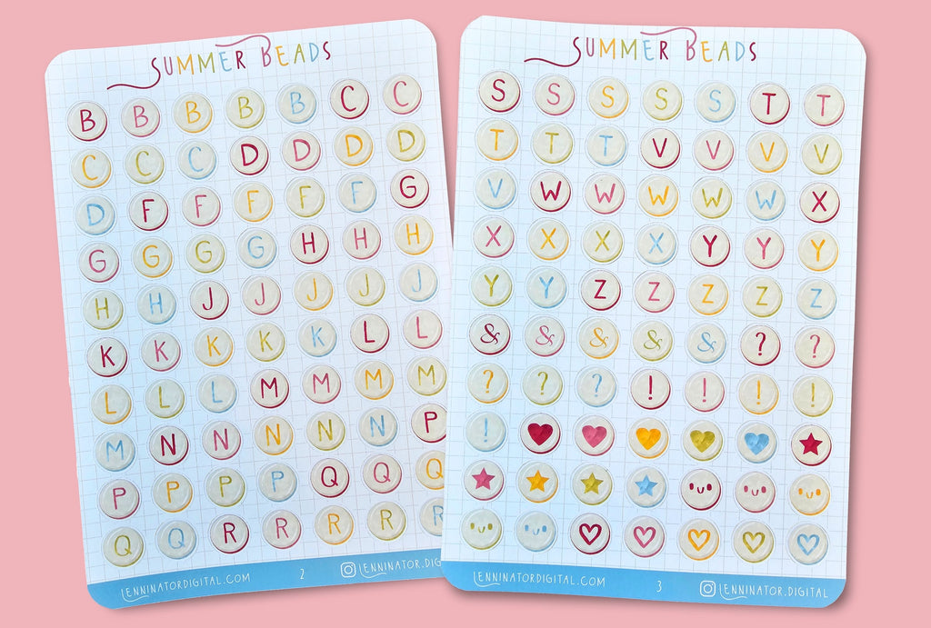 Two sheets of 'Summer Beads' letter and emoji stickers on a pink background
