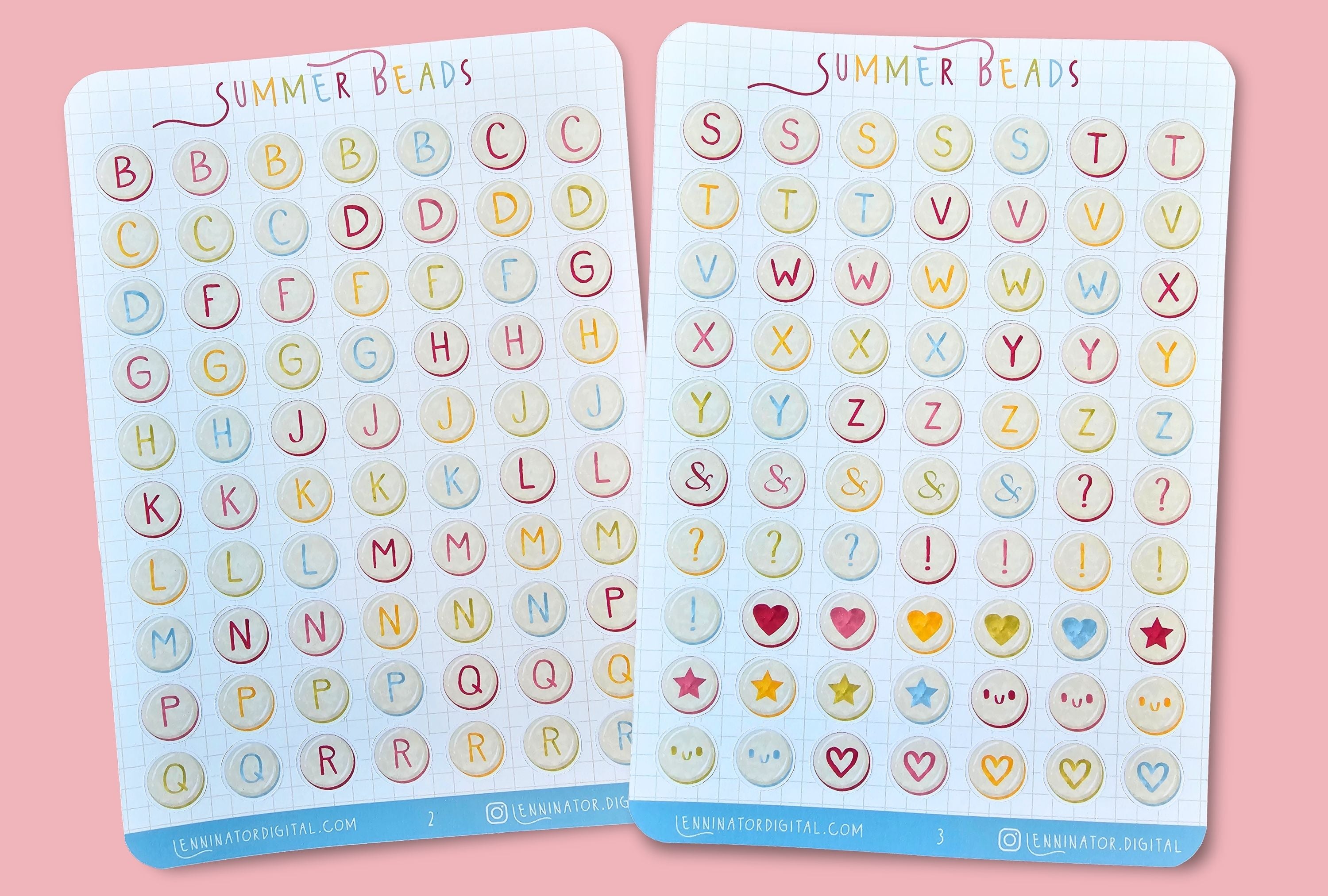 Two sheets of 'Summer Beads' letter and emoji stickers on a pink background