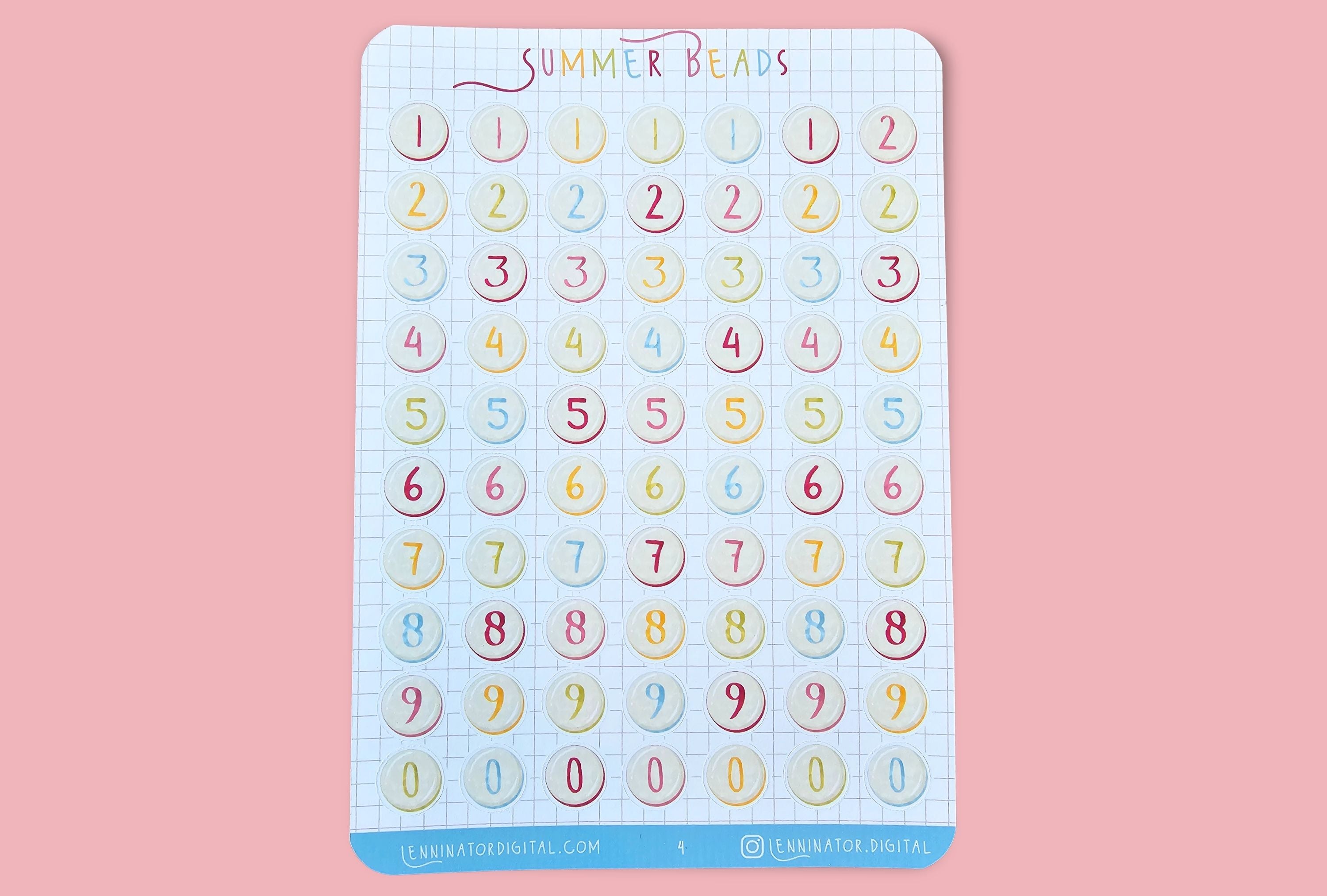 Pack of colorful number beads on a pink background