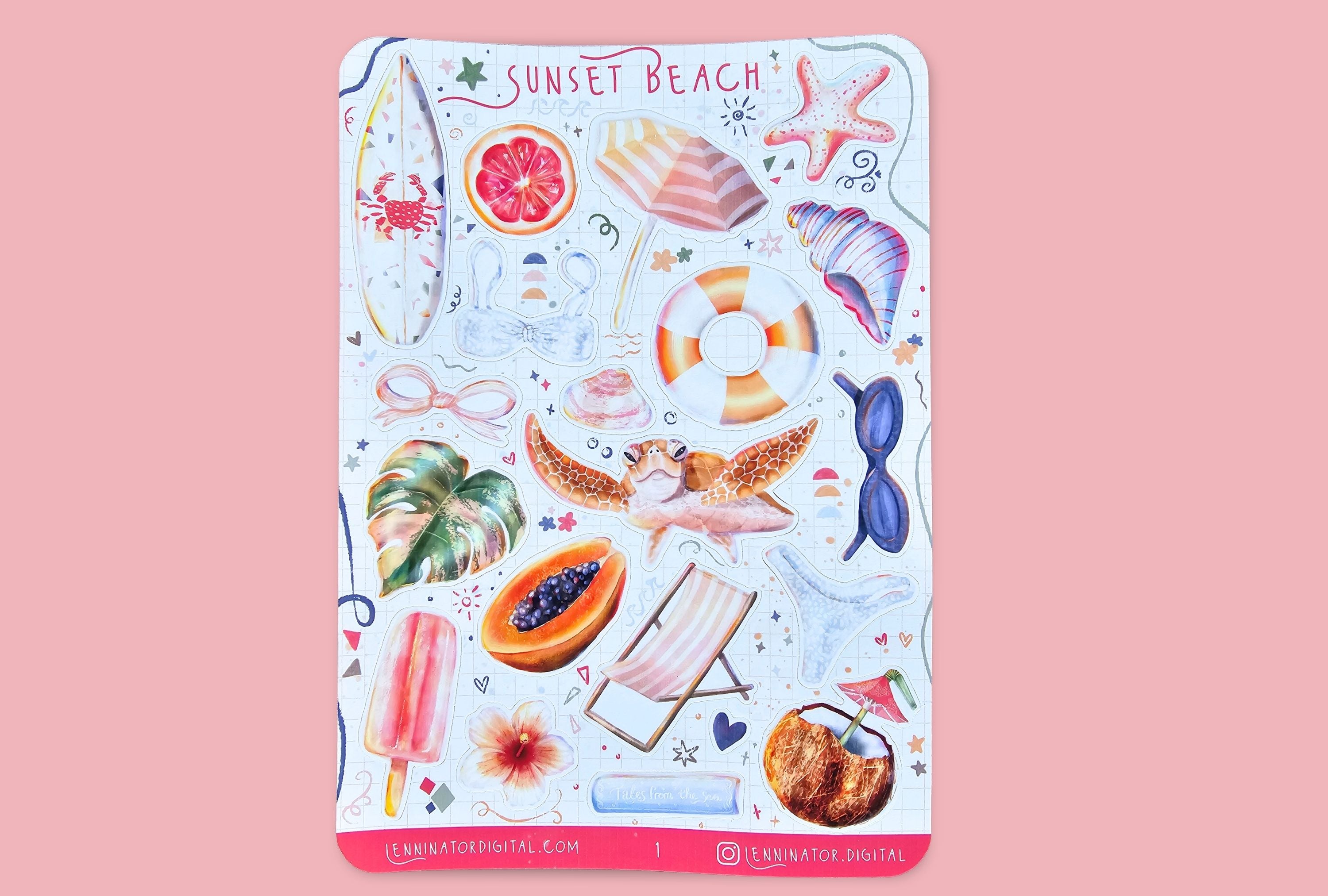 Sticker sheet with beach-themed illustrations: Surfboard, grapefruit, starfish, shade, bikini, sunglasses, seashells, papaya, tropical leaf, ice lolly, hibiscus flower, book, coconut drink and a decorative ribbon.