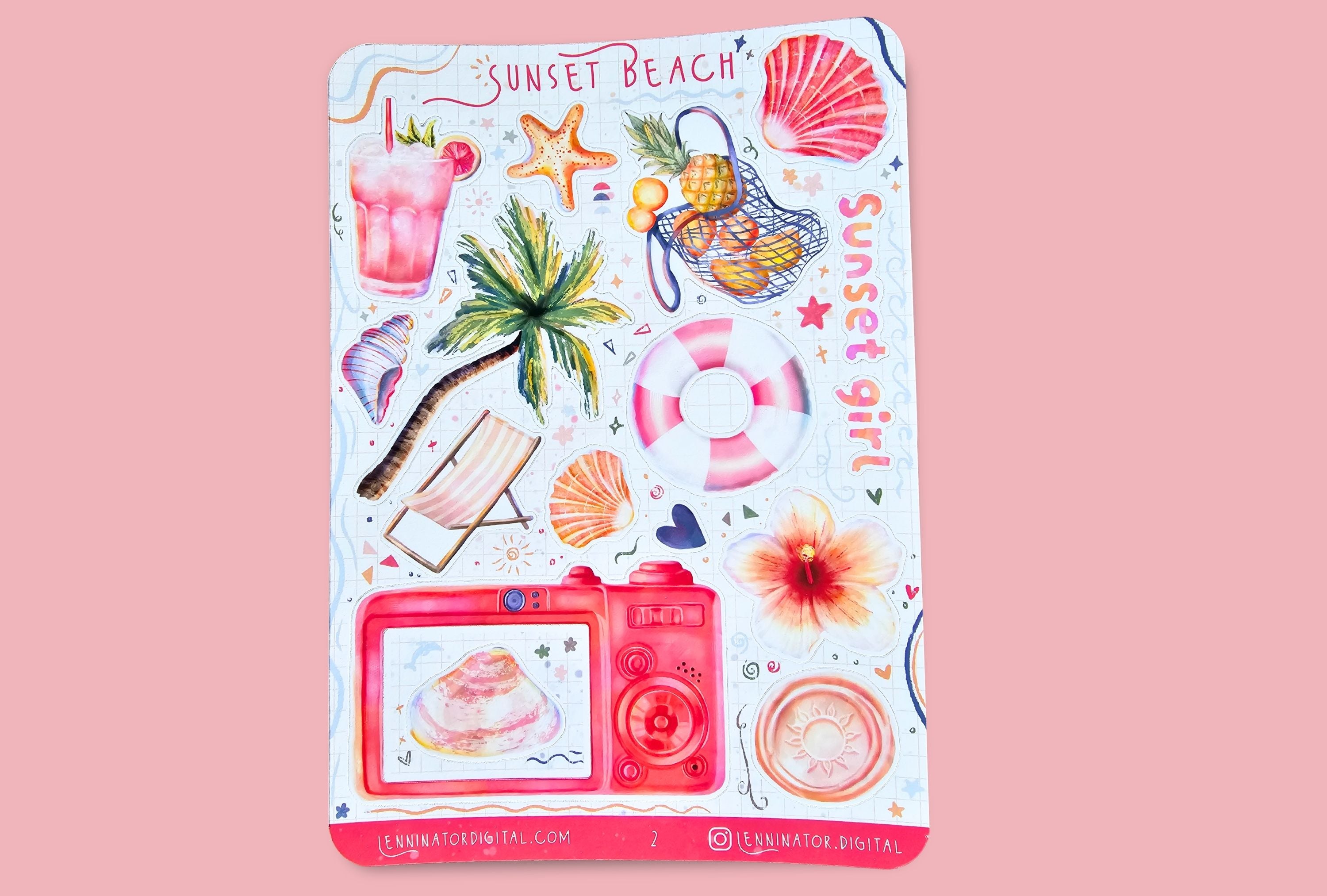 Sticker pack with beach-themed designs: Pink Lemonade, starfish, seashells, palmtree, sunset girl, beach chair, hibiscus flower, Photocamere photo frame