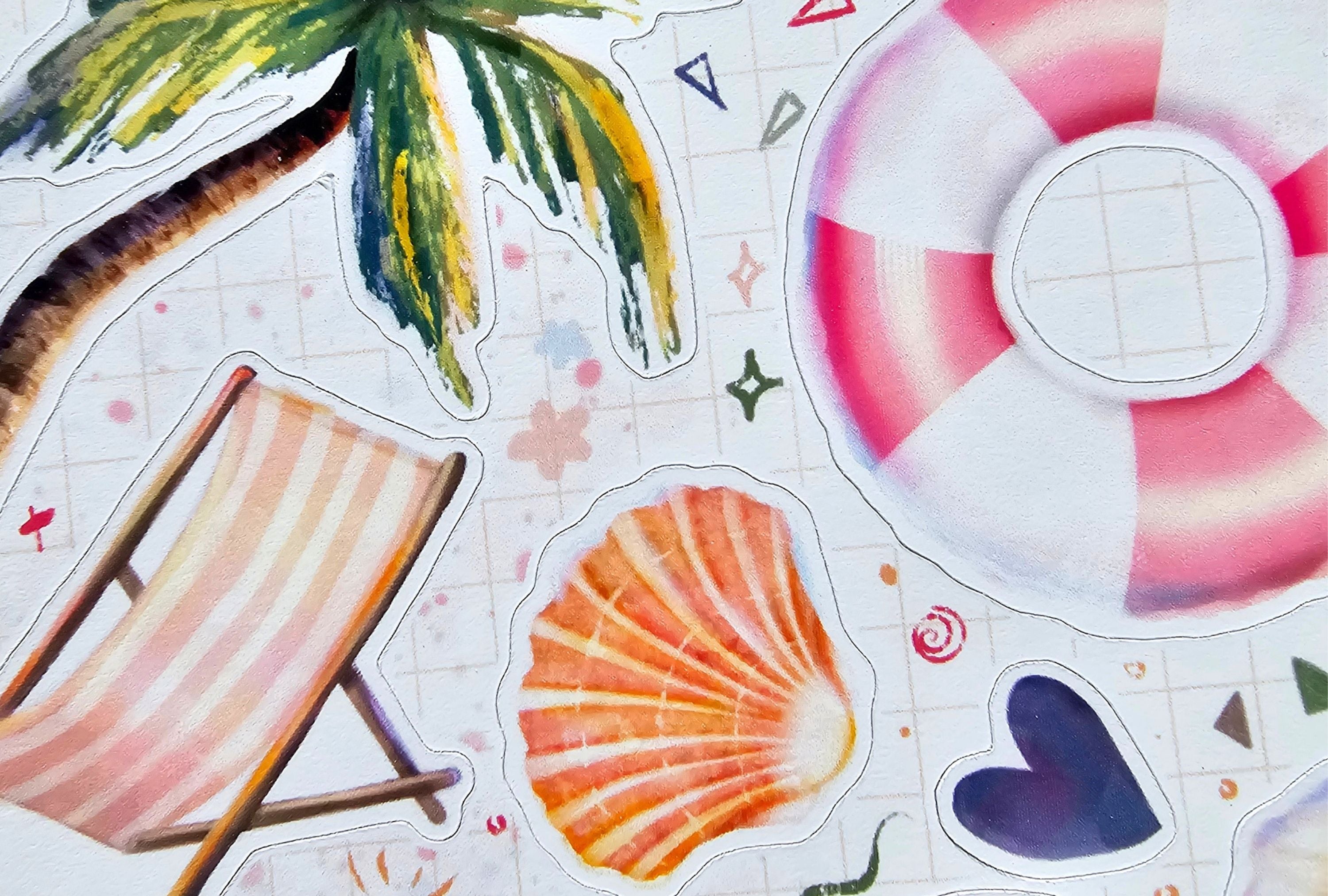 Set of colorful stickers including a palm tree, deck chair, shell, and heart on a patterned background.