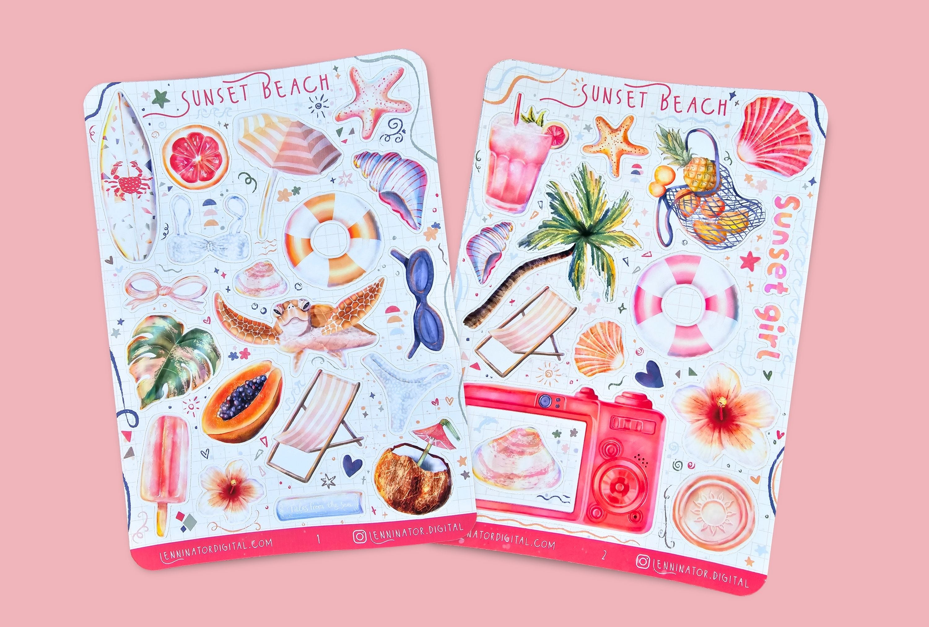 Two sticker sheets with beach-themed designs. Including tropical palmtree, seashells, bikini, starfish, fruit, sunglasses, turtle, photo frame, hibiscus flowers, ice cream and more. All with a dreamy sunset glow
