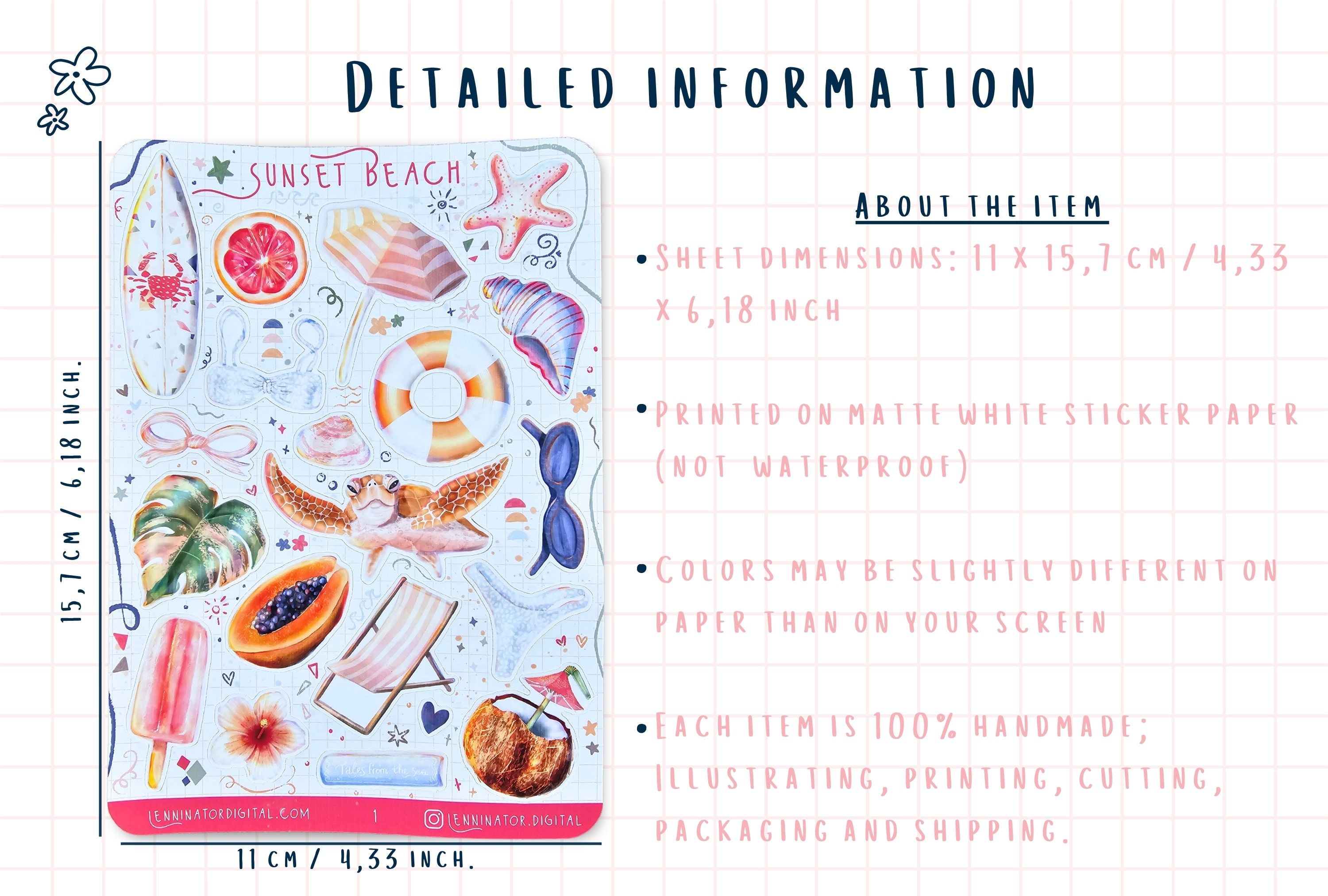 Sticker sheet with beach-themed designs and product details on a white background