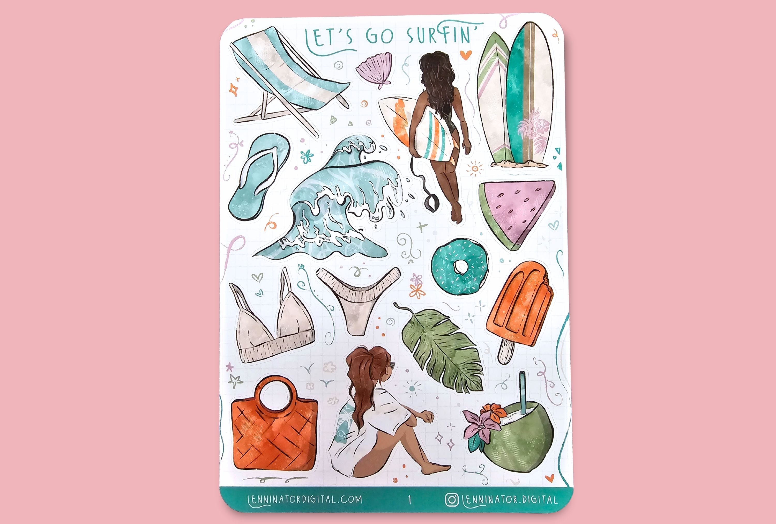Sticker sheet with beach-themed illustrations on a cork board.