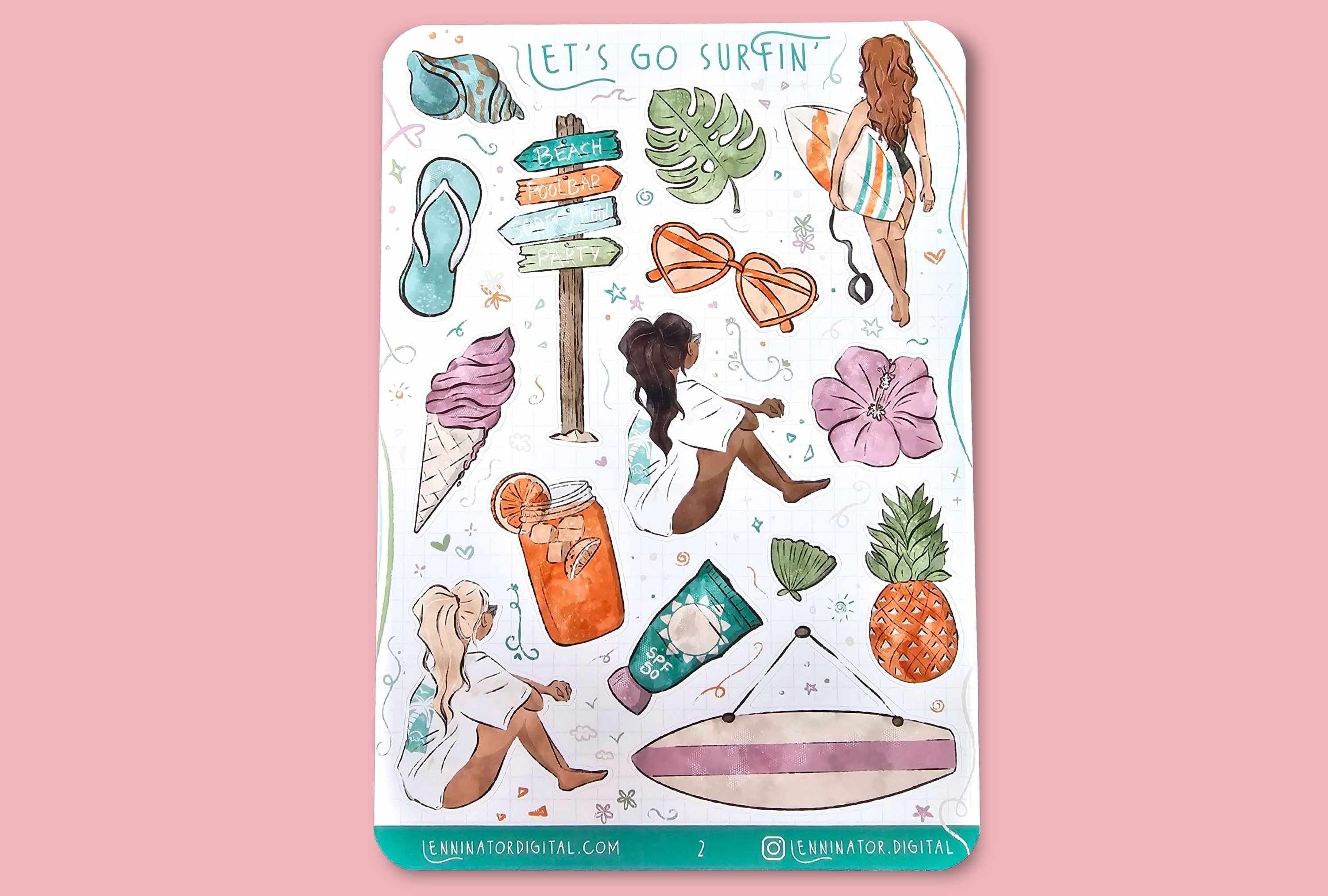 Sticker sheet with beach-themed designs on a cork surface