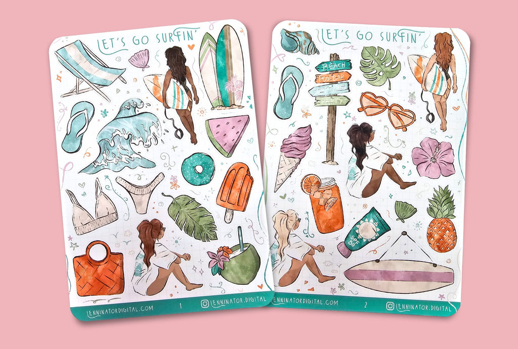 Two sheets of decorative stickers featuring beach-themed designs on a textured surface.