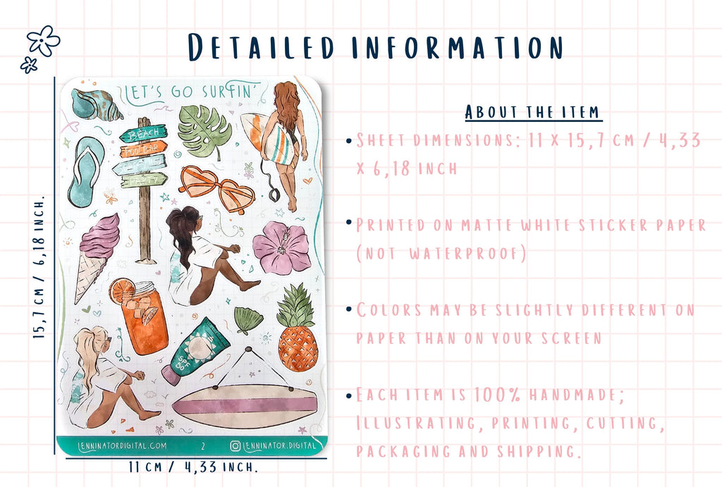 Sticker sheet with beach-themed designs and product details on a white background