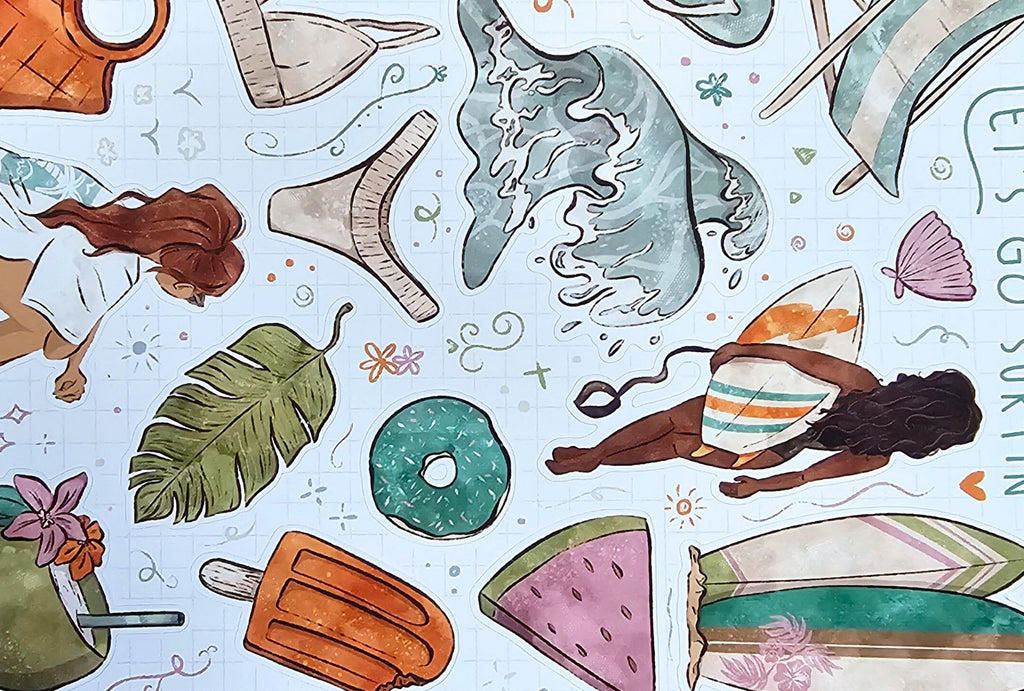 Illustrated stickers with beach-themed elements on a light blue background