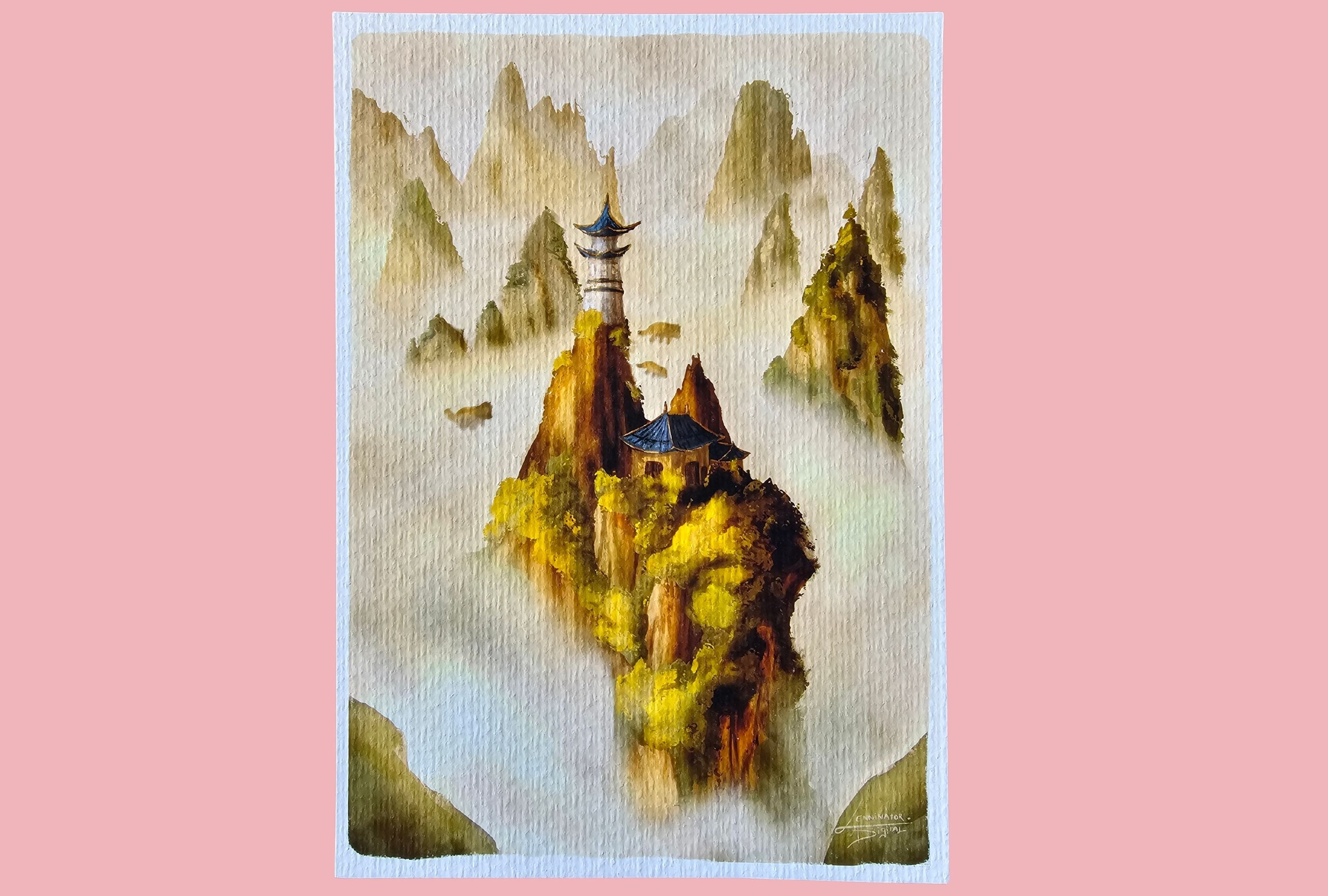 A temple on top of a mountain surrounded by other mountaintops. Mysterious fog and golden hour sunlight for a mysterious fantasy vibe