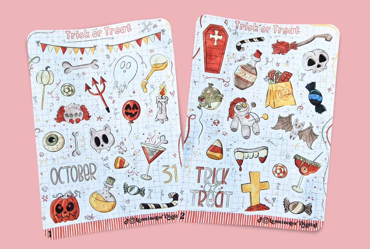 Two decorative planner sticker sheets with Halloween-themed illustrations, displayed on a solid pink background. The left sheet features spooky icons like a jack-o'-lantern, bat, skull, and a cocktail glass with the text 'October 31'.