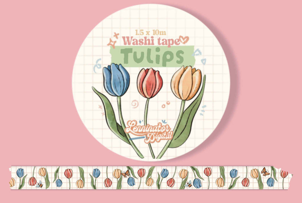 A roll of decorative washi tape featuring a tulip pattern, shown with its circular packaging label and a strip unrolled below on a pink background.