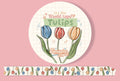 A roll of decorative washi tape featuring a tulip pattern, shown with its circular packaging label and a strip unrolled below on a pink background.