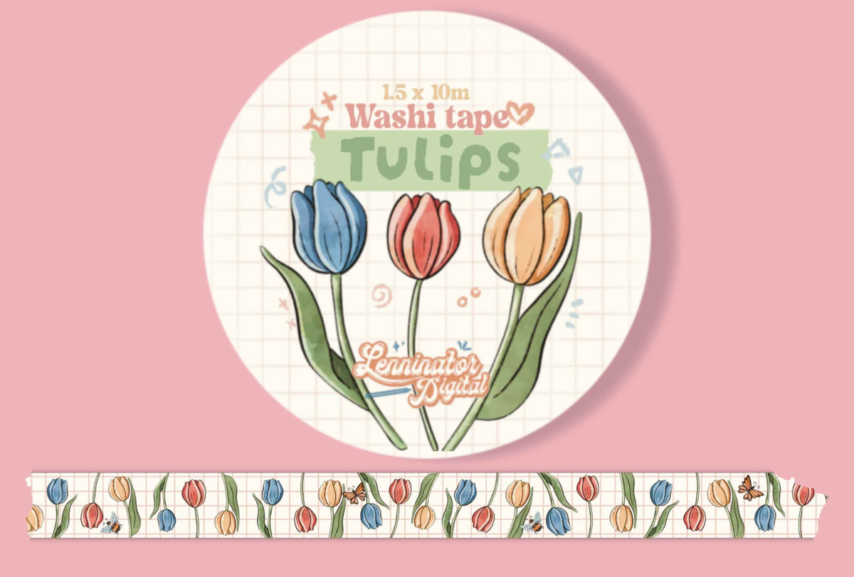 A roll of decorative washi tape featuring a tulip pattern, shown with its circular packaging label and a strip unrolled below on a pink background.