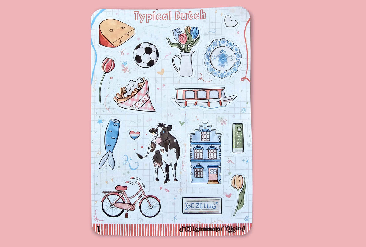 A rectangular sticker sheet titled 'Typical Dutch' featuring hand-drawn illustrations of Dutch cultural and everyday objects, including a cow, bicycle, tulips, cheese, and a house, displayed against a solid pink background.
