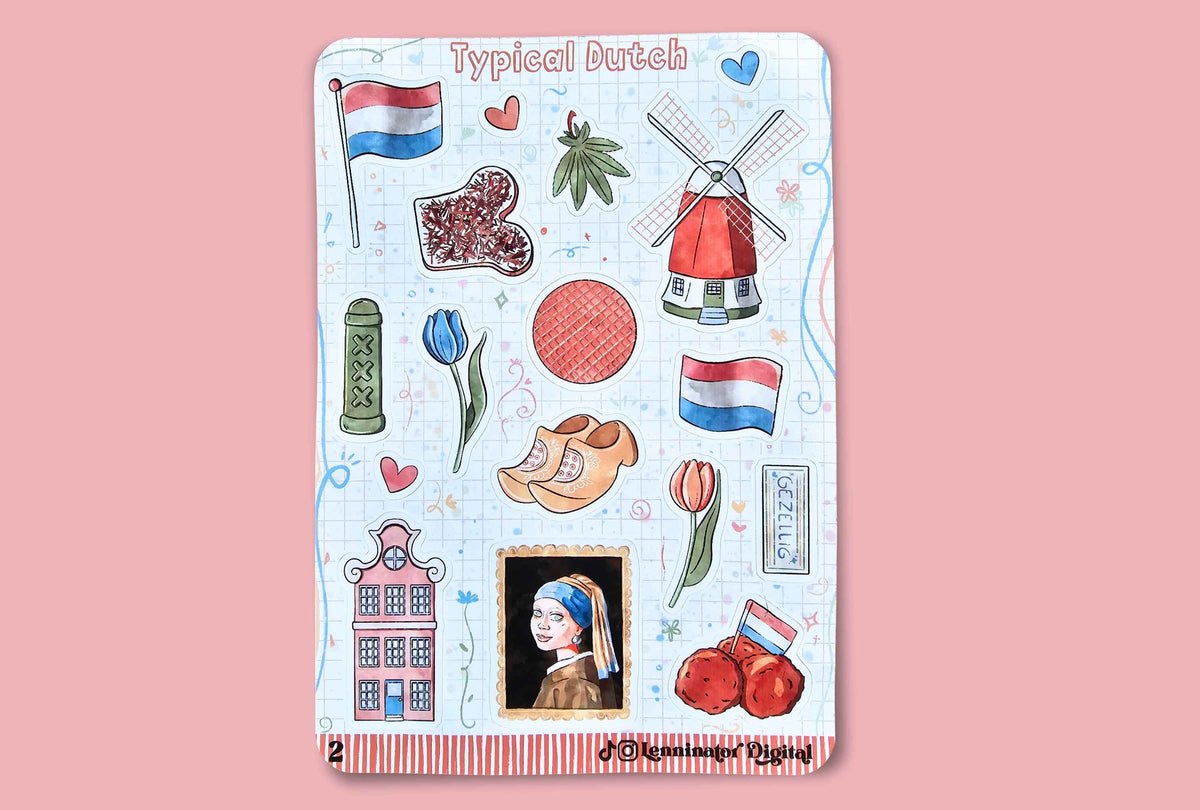 A rectangular sticker sheet featuring Dutch-themed illustrations including a windmill, tulips, a flag, a portrait, and a lamppost on a light blue grid background, set against a solid pink backdrop.