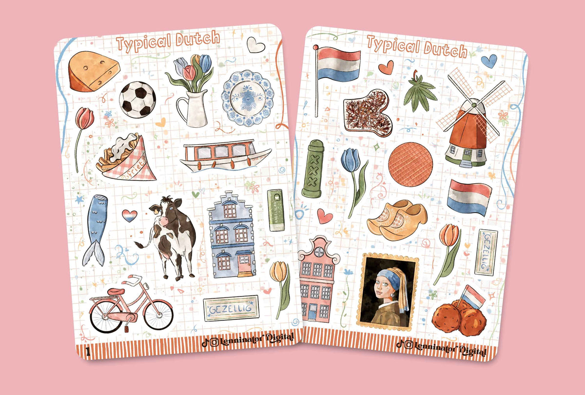 Two open sticker albums featuring Dutch-themed illustrations, including tulips, windmills, bicycles, a cow, a flag, and a portrait, displayed against a solid pink background.