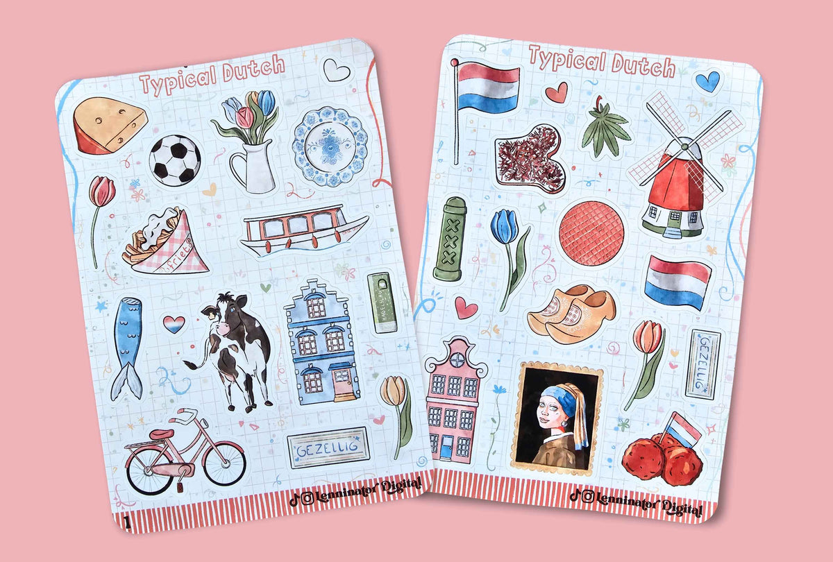 Two decorative sticker sheets with Dutch-themed illustrations, including tulips, windmills, a cow, a bicycle, and the Netherlands flag, displayed on a solid pink background.