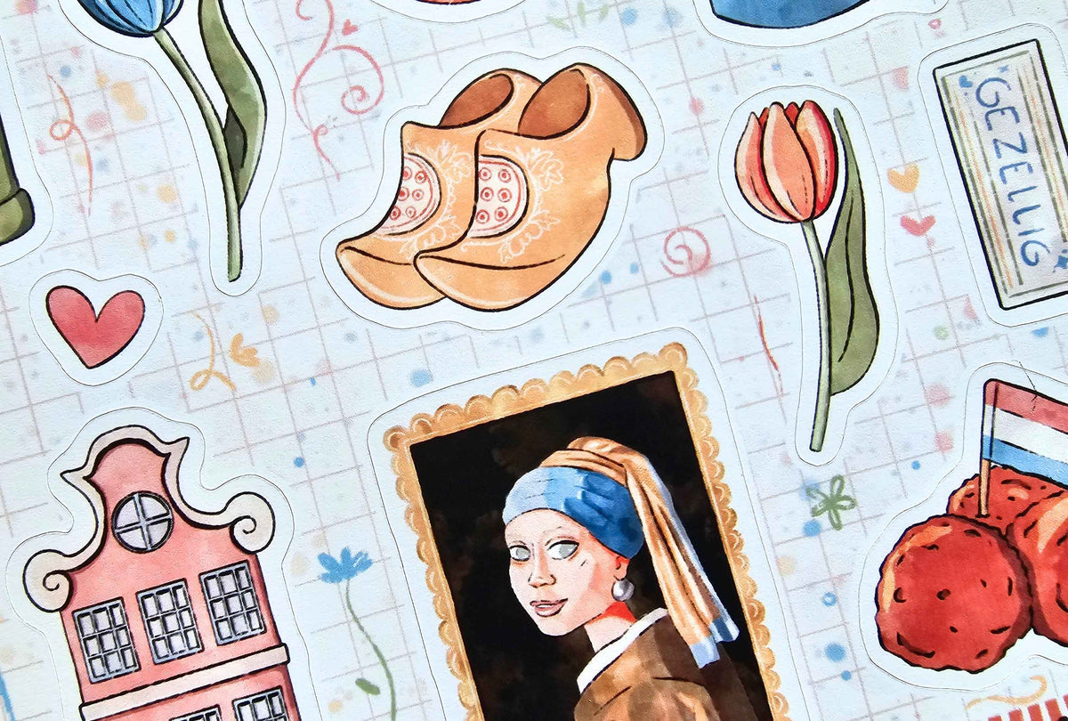 A close-up of a watercolor-style sticker sheet featuring Dutch motifs, including a portrait of Johannes Vermeer, wooden clogs, tulips, a pink house, strawberries, and a Rotterdam travel stamp.