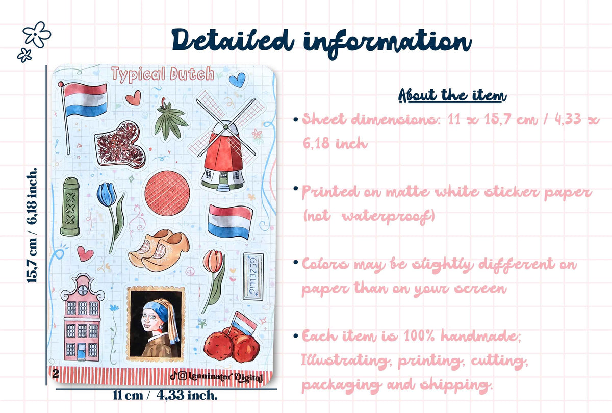A product information graphic showing a rectangular sticker sheet with Dutch-themed illustrations, including a windmill, tulips, flags, and a portrait, alongside text detailing dimensions, material, and customization options.