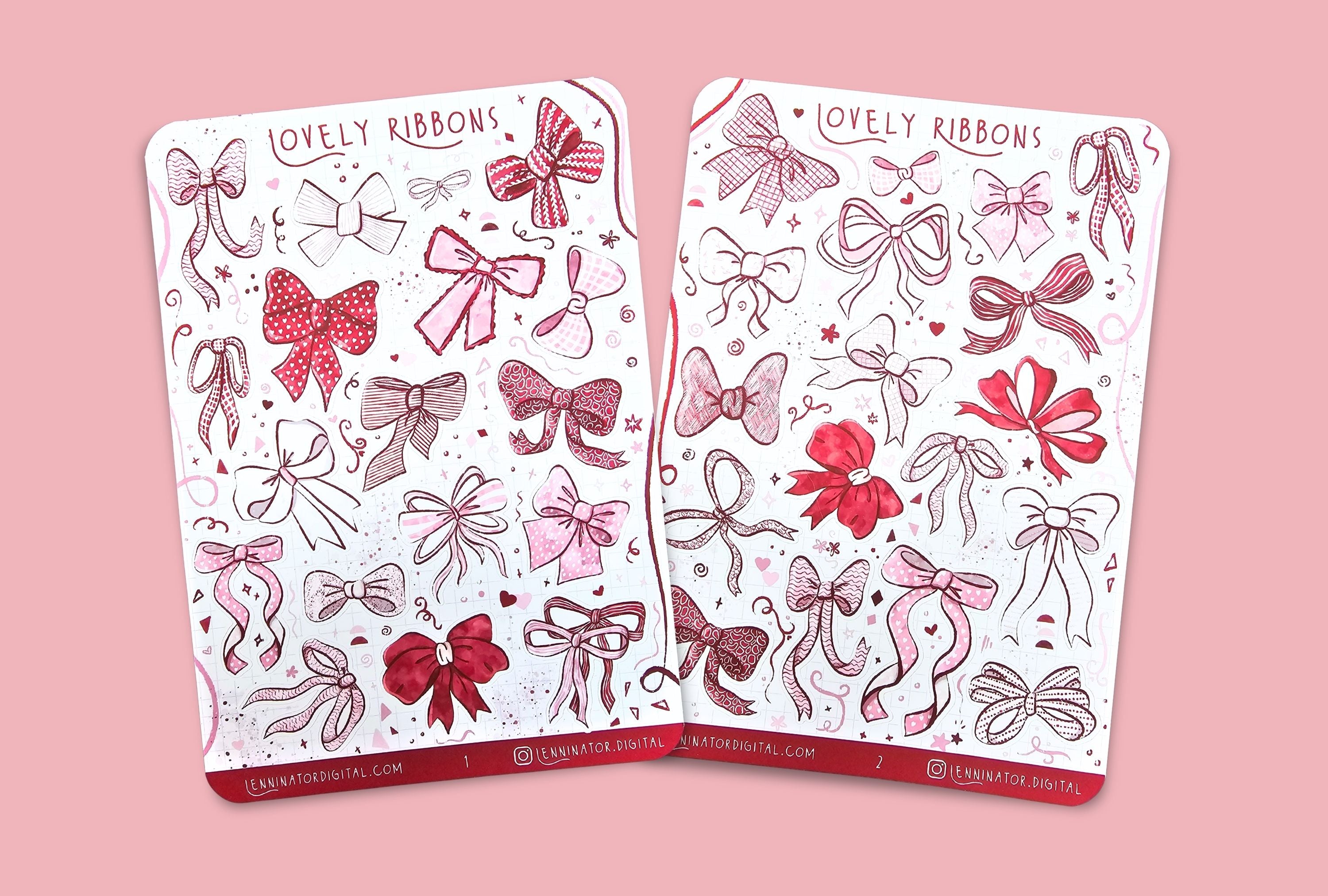 Two sticker sheets of 'Lovely Ribbons' stickers on a soft, white surface. Red and pink valentines bows in various shapes.