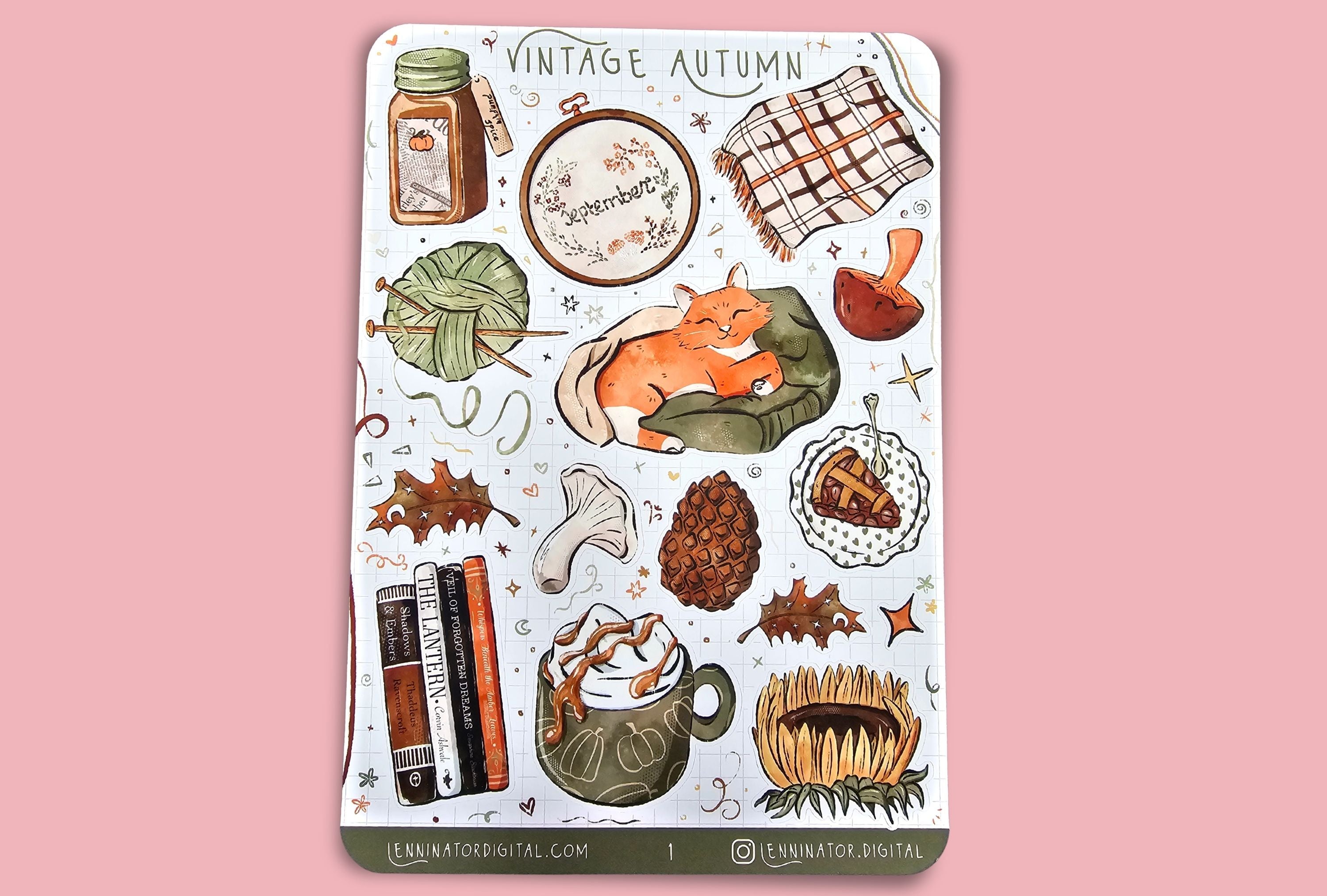 Sticker sheet with autumn-themed illustrations on a white surface with wheat stalks.