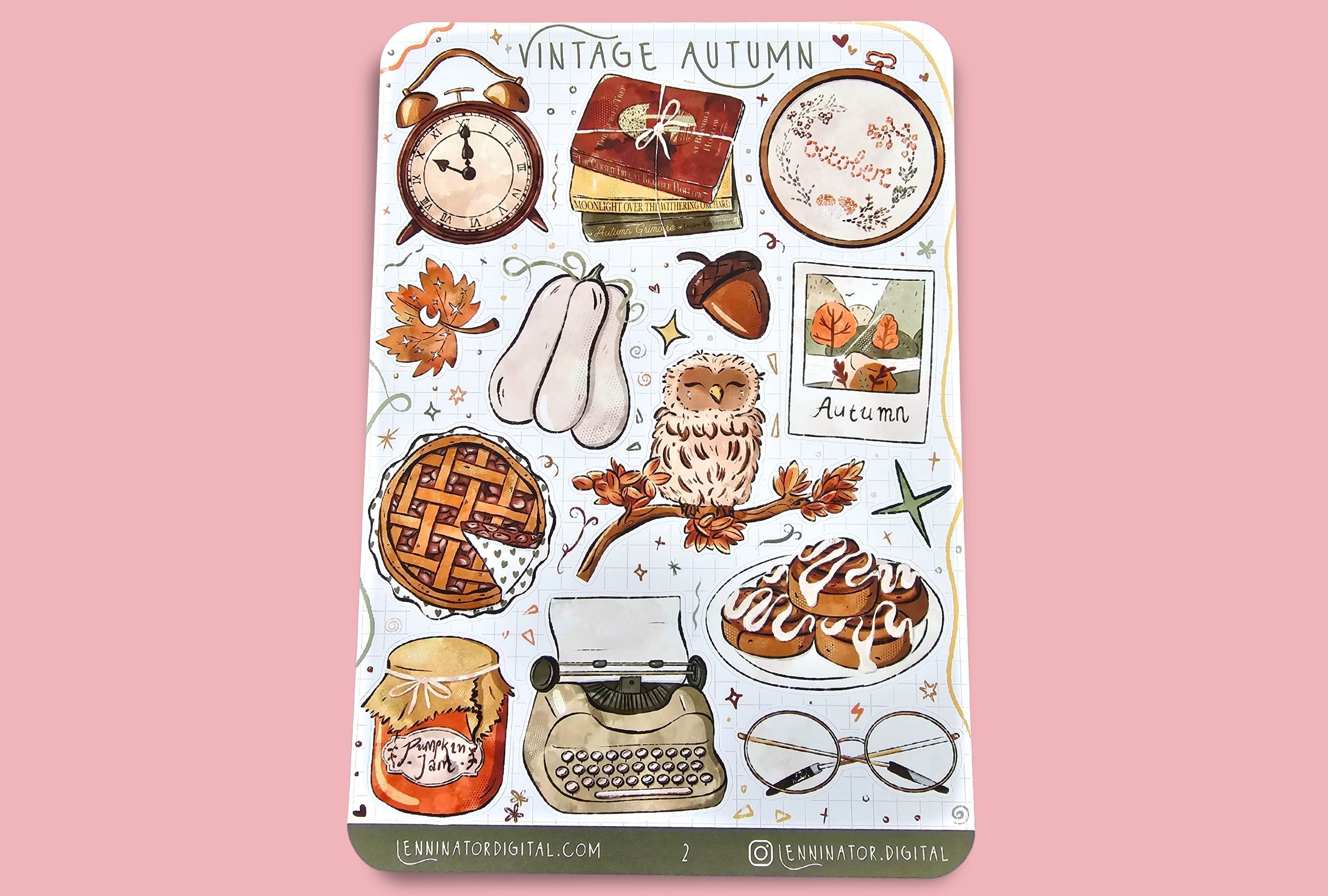 Sheet of vintage autumn-themed stickers with illustrations on a white background.