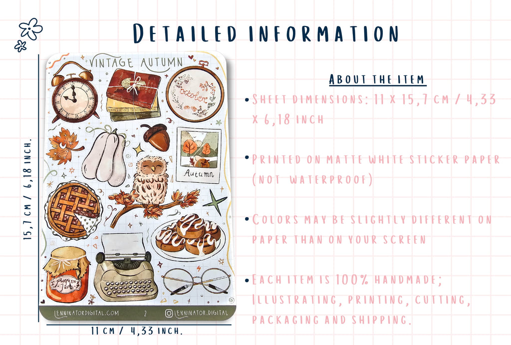 Vintage autumn-themed sticker set with descriptive text on a white background