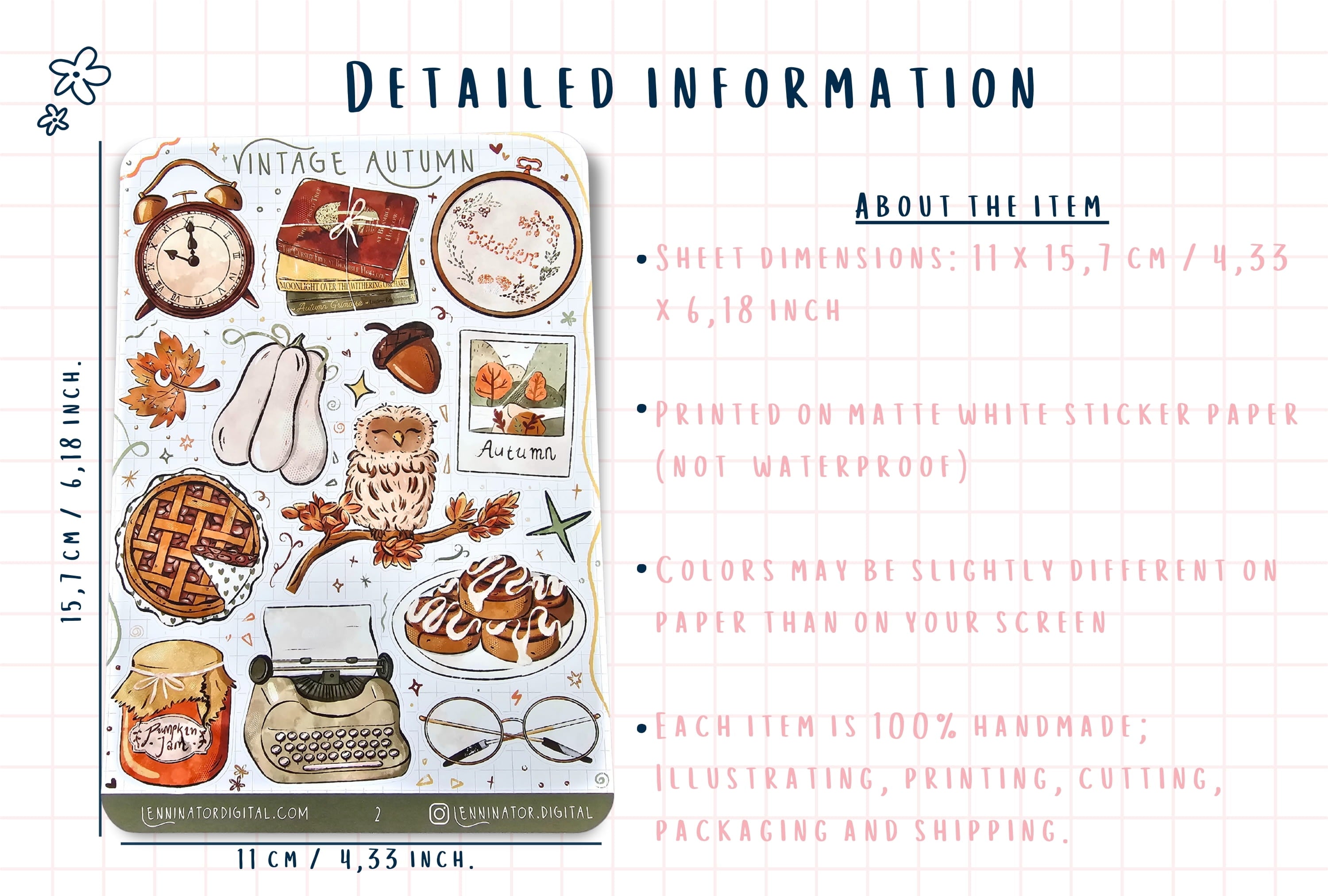Vintage autumn-themed sticker set with descriptive text on a white background