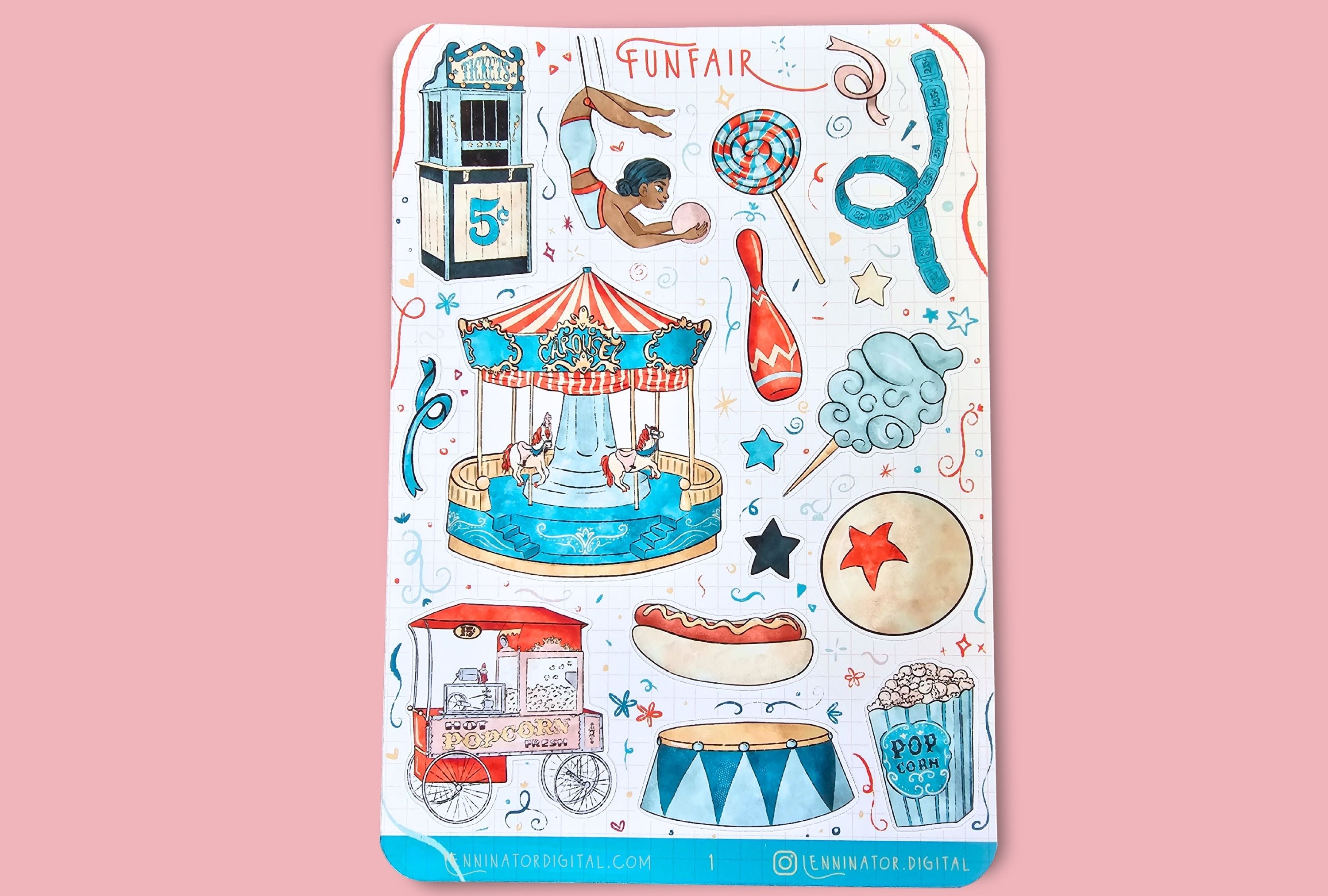 Sticker sheet with funfair illustrations on a light blue background