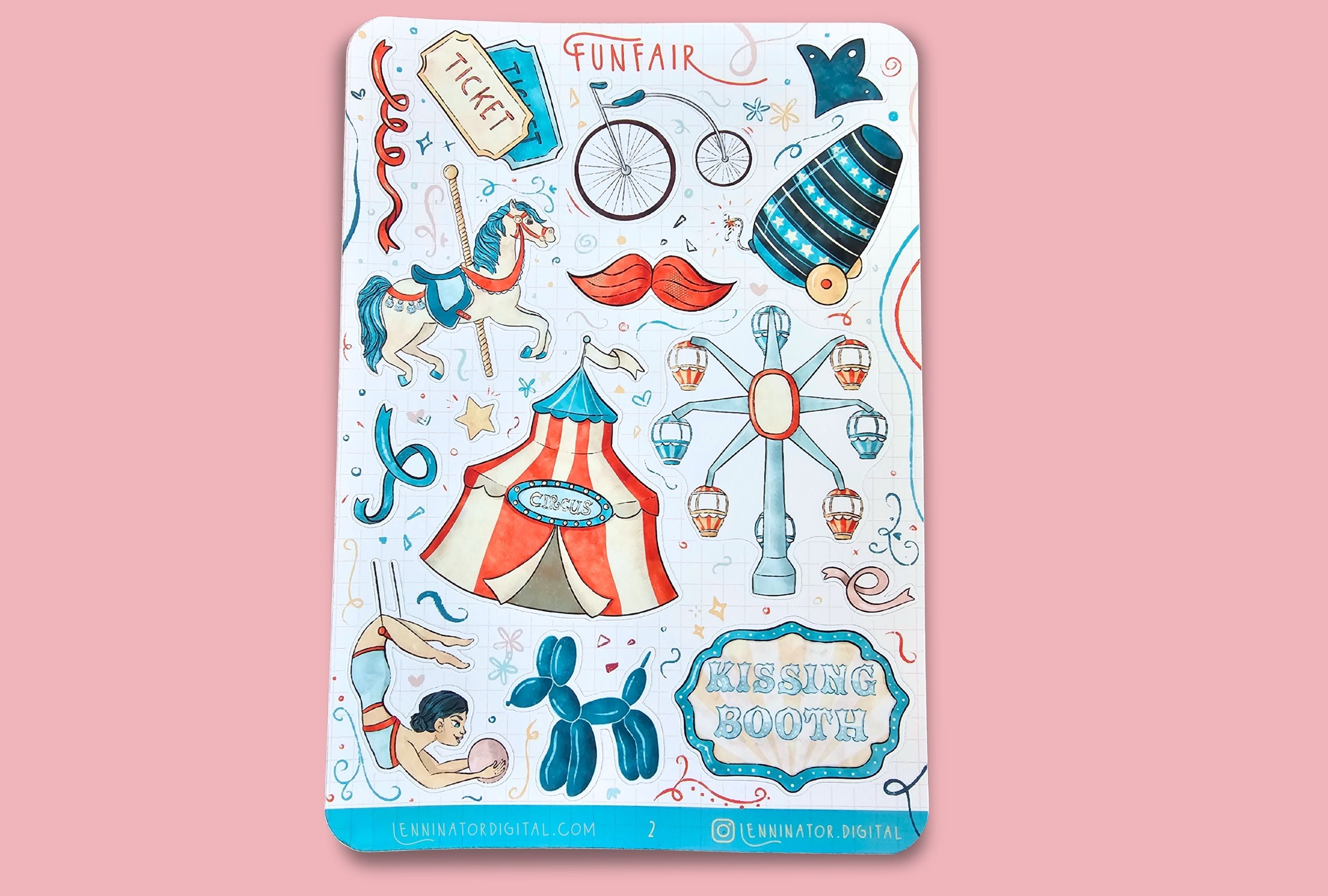 Sticker album with circus-themed stickers on a light blue background