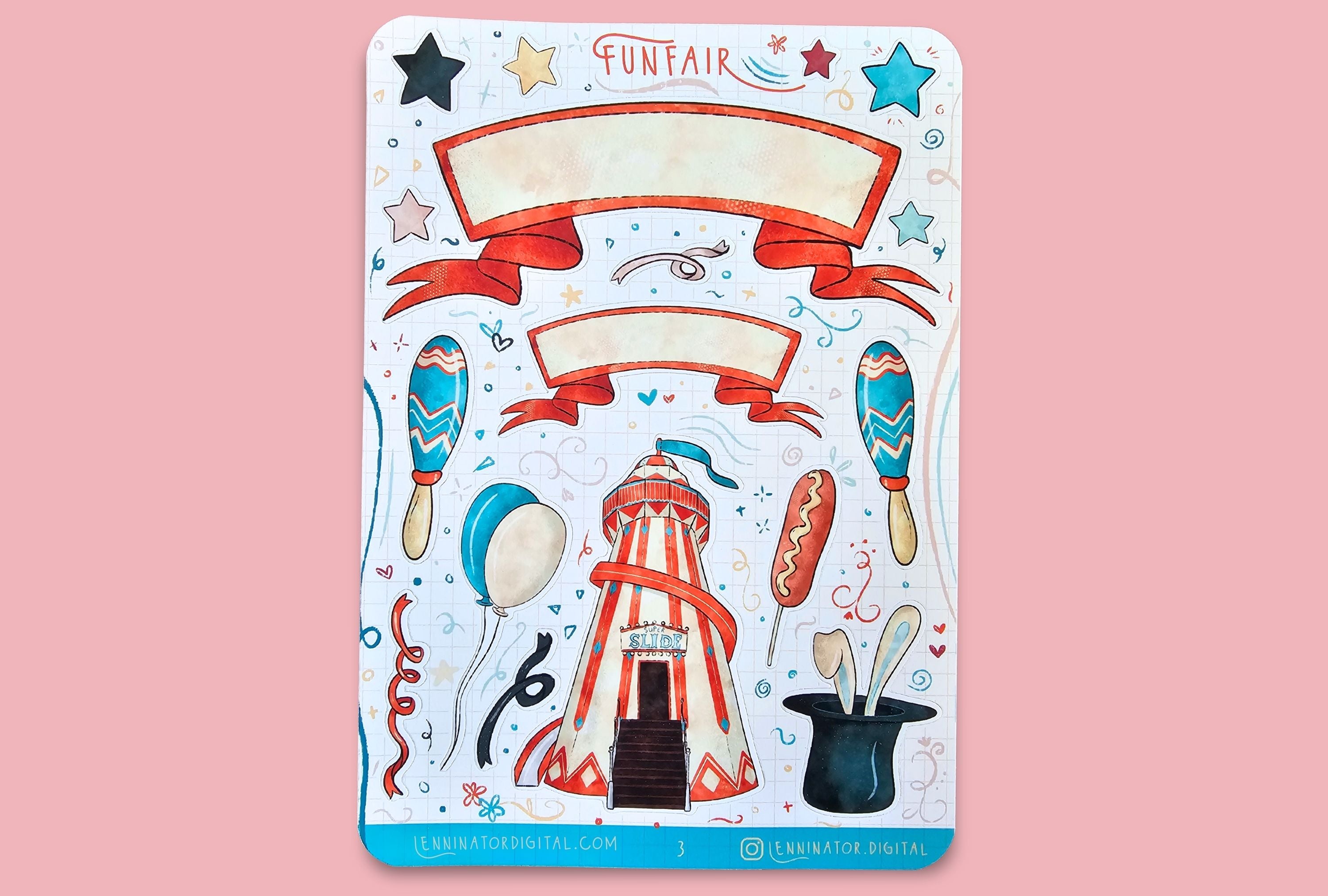 Sticker sheet with Funfair design on a light blue background