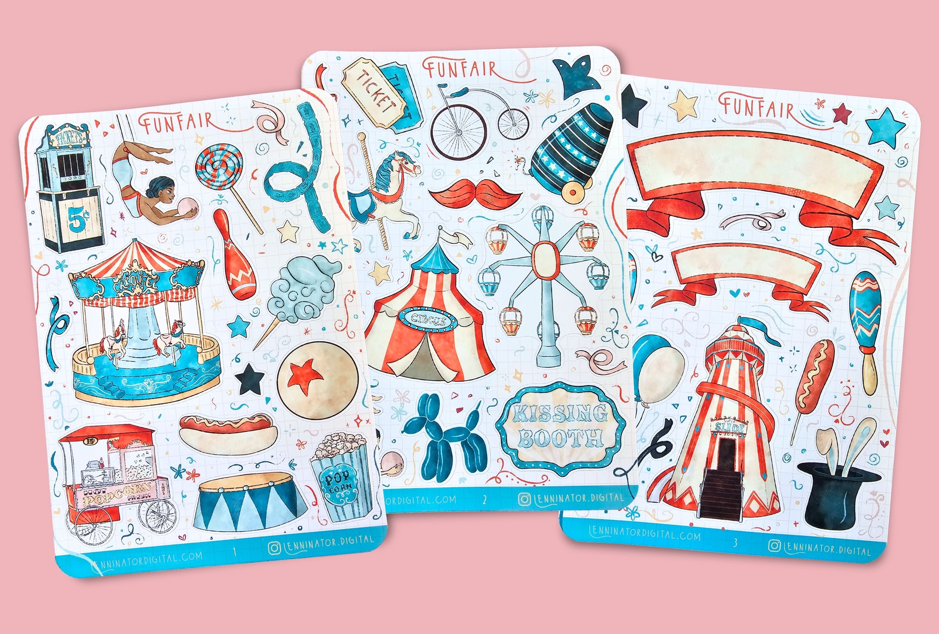 Two sticker sheets with circus-themed designs on a textured surface