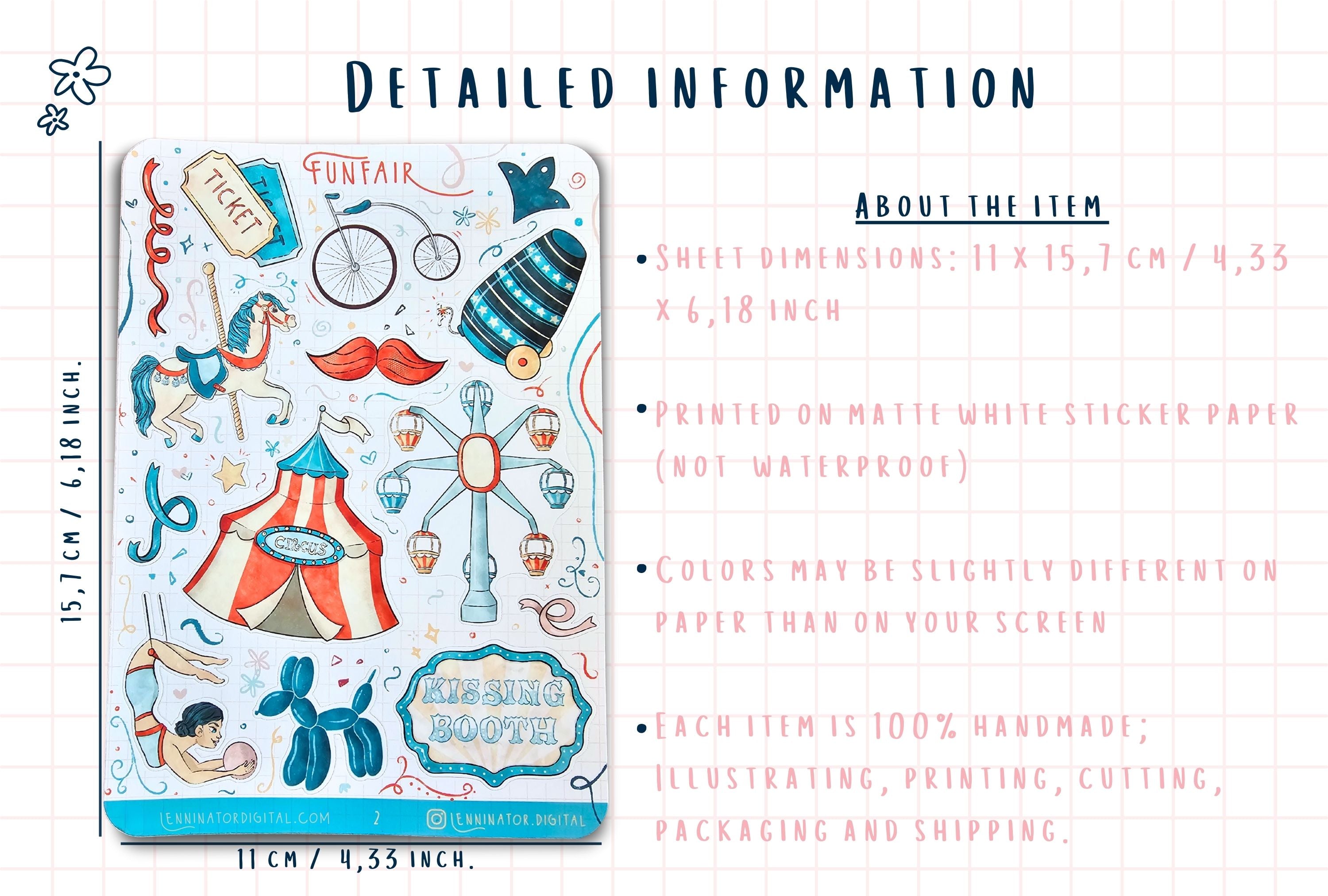 Circus-themed sticker sheet with product details on a white background