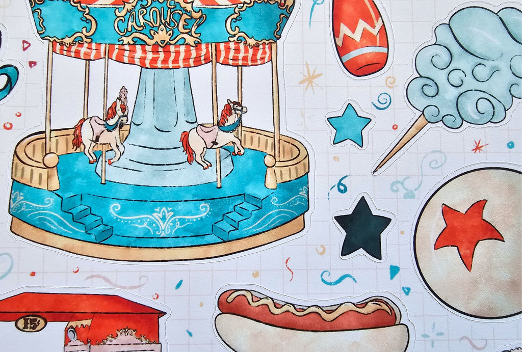 Colorful illustration of a carousel with horses, stars, and other playful elements on a light background.
